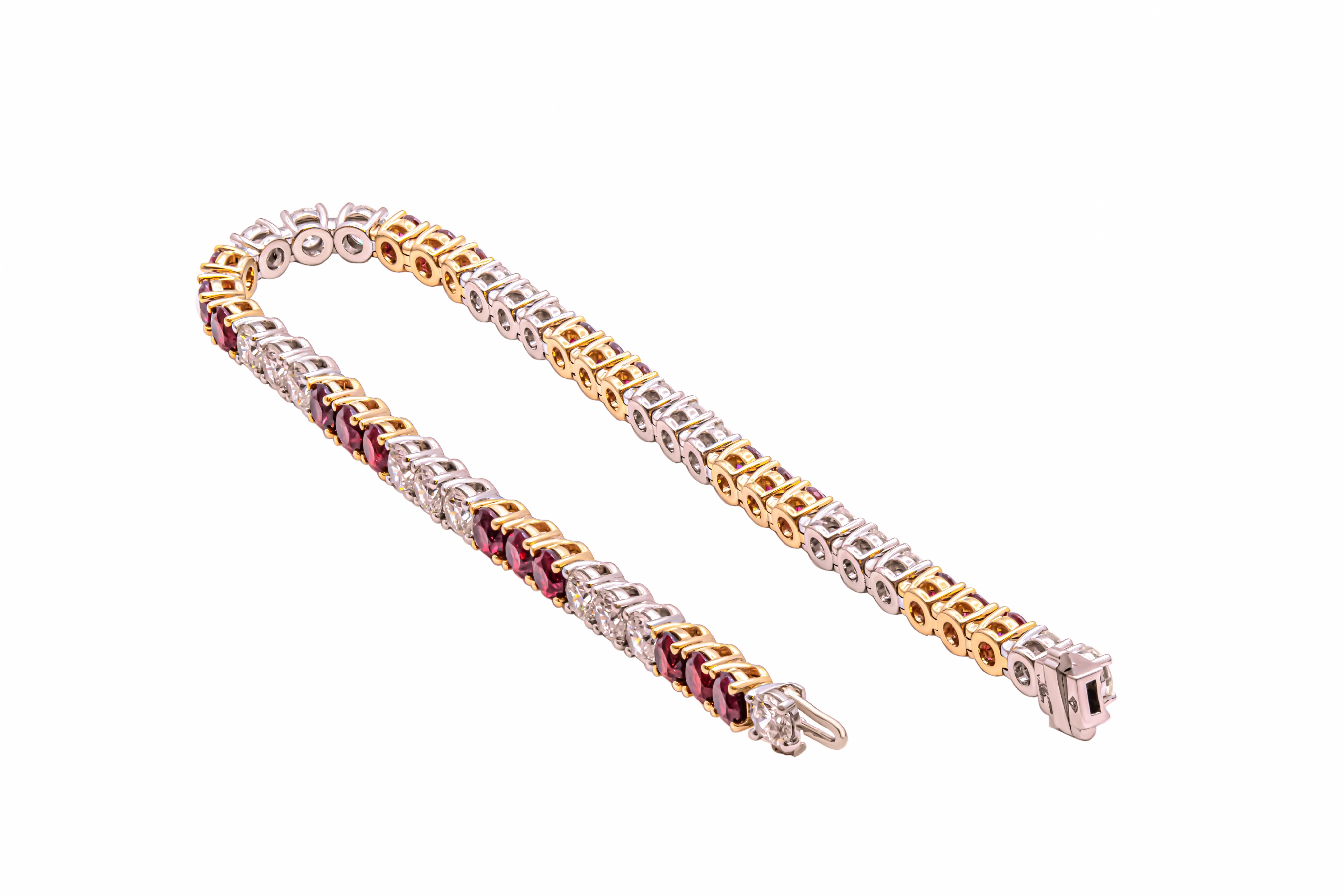 Modern Tennis Bracelet in 18K Yellow Gold & Platinum with Diamonds and Ruby's  For Sale