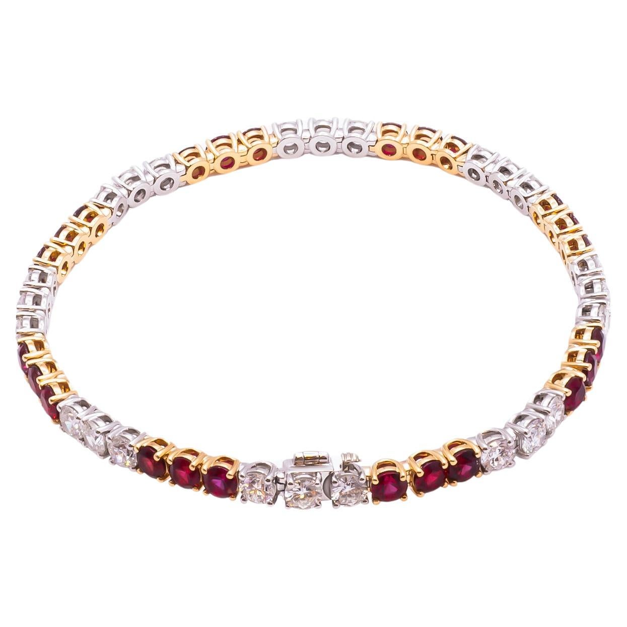 Tennis Bracelet in 18K Yellow Gold & Platinum with Diamonds and Ruby's  For Sale