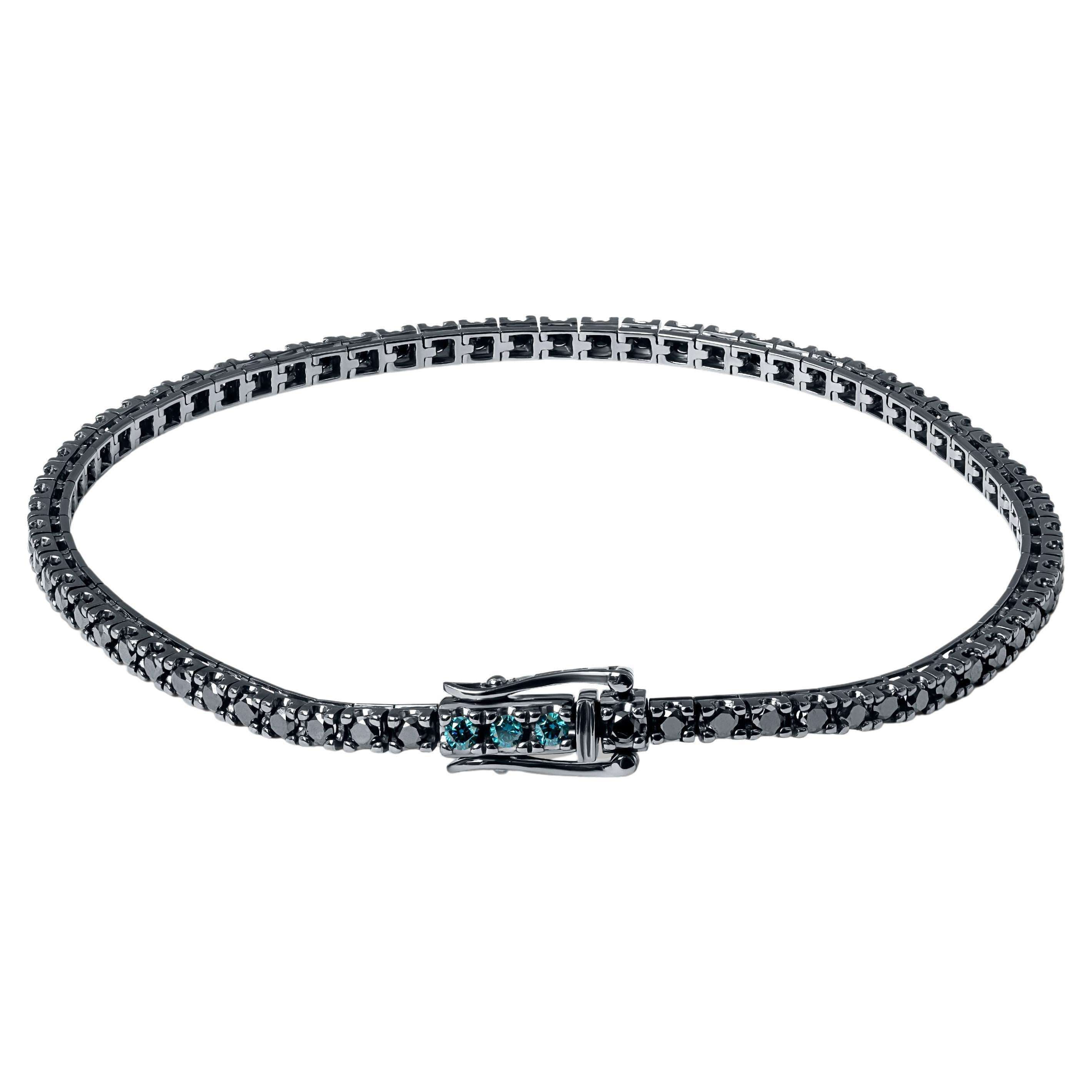 Bracelet de tennis en or blanc 18K rhodié noir avec diamants bleus - M.