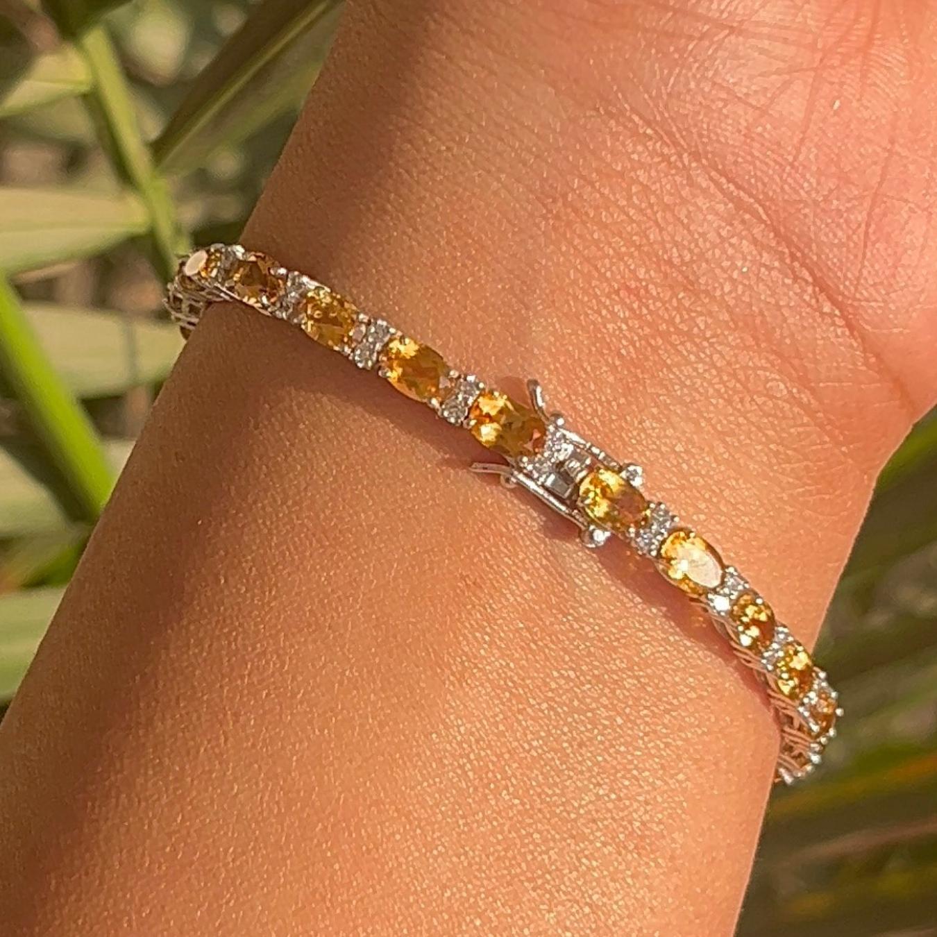 925 Solid Silver Oval Cut Citrine & Zirconia Handcrafted Tennis Bracelet for Her For Sale 5