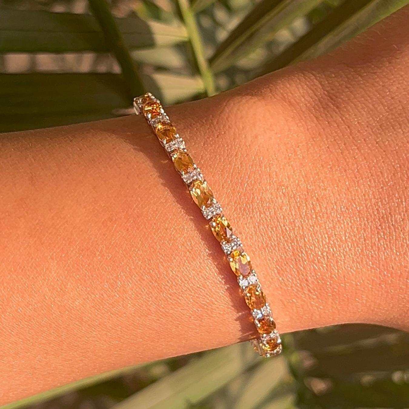 Mixed Cut 925 Solid Silver Oval Cut Citrine & Zirconia Handcrafted Tennis Bracelet for Her For Sale