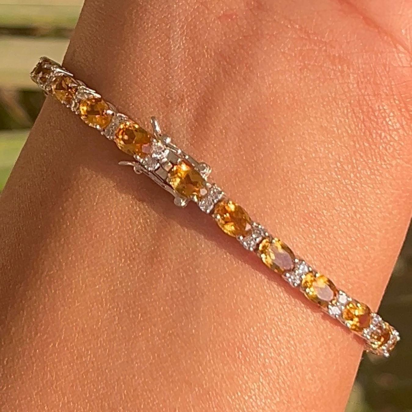 925 Solid Silver Oval Cut Citrine & Zirconia Handcrafted Tennis Bracelet for Her For Sale 2