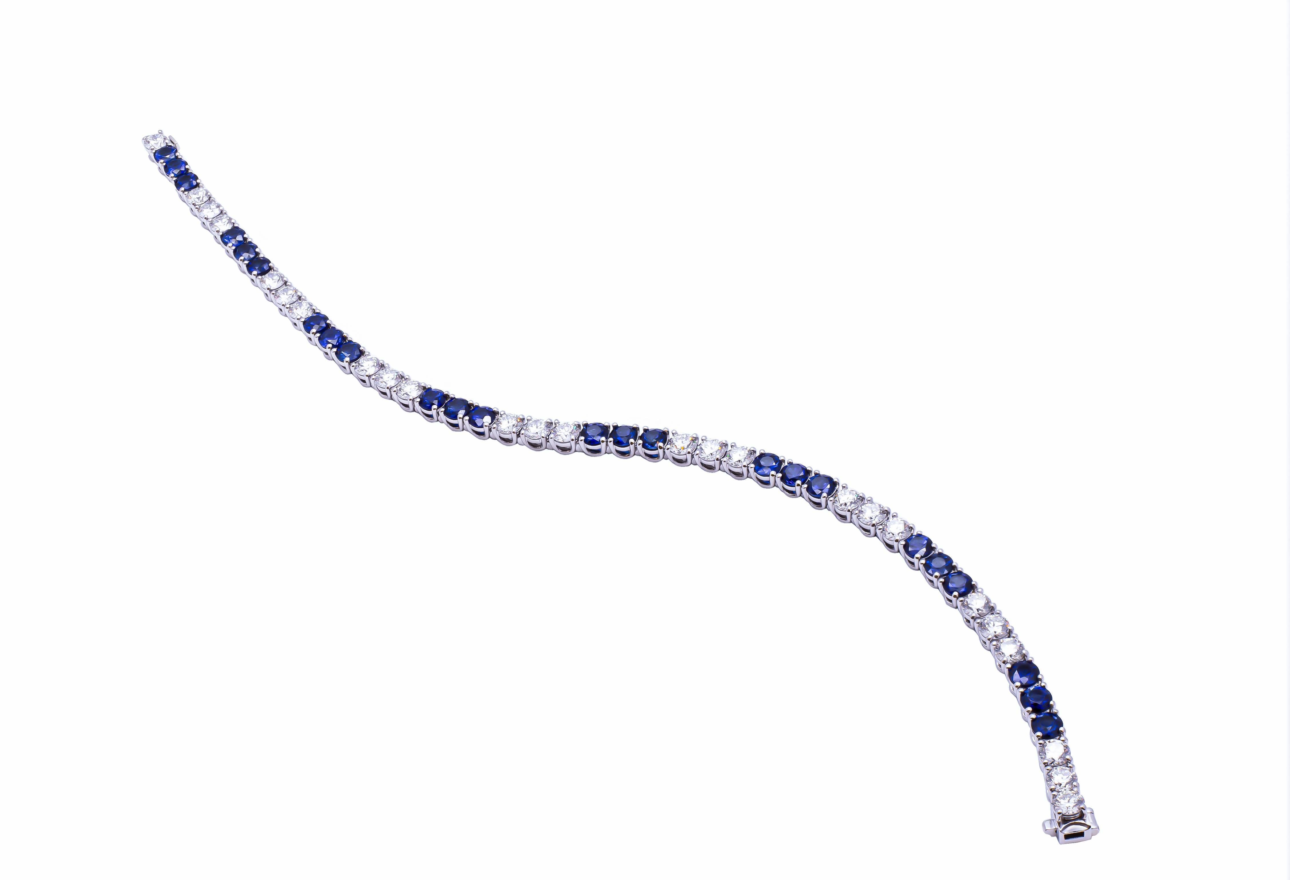 Modern Tennis Bracelet in Platinum with Diamonds and Blue Sapphires For Sale