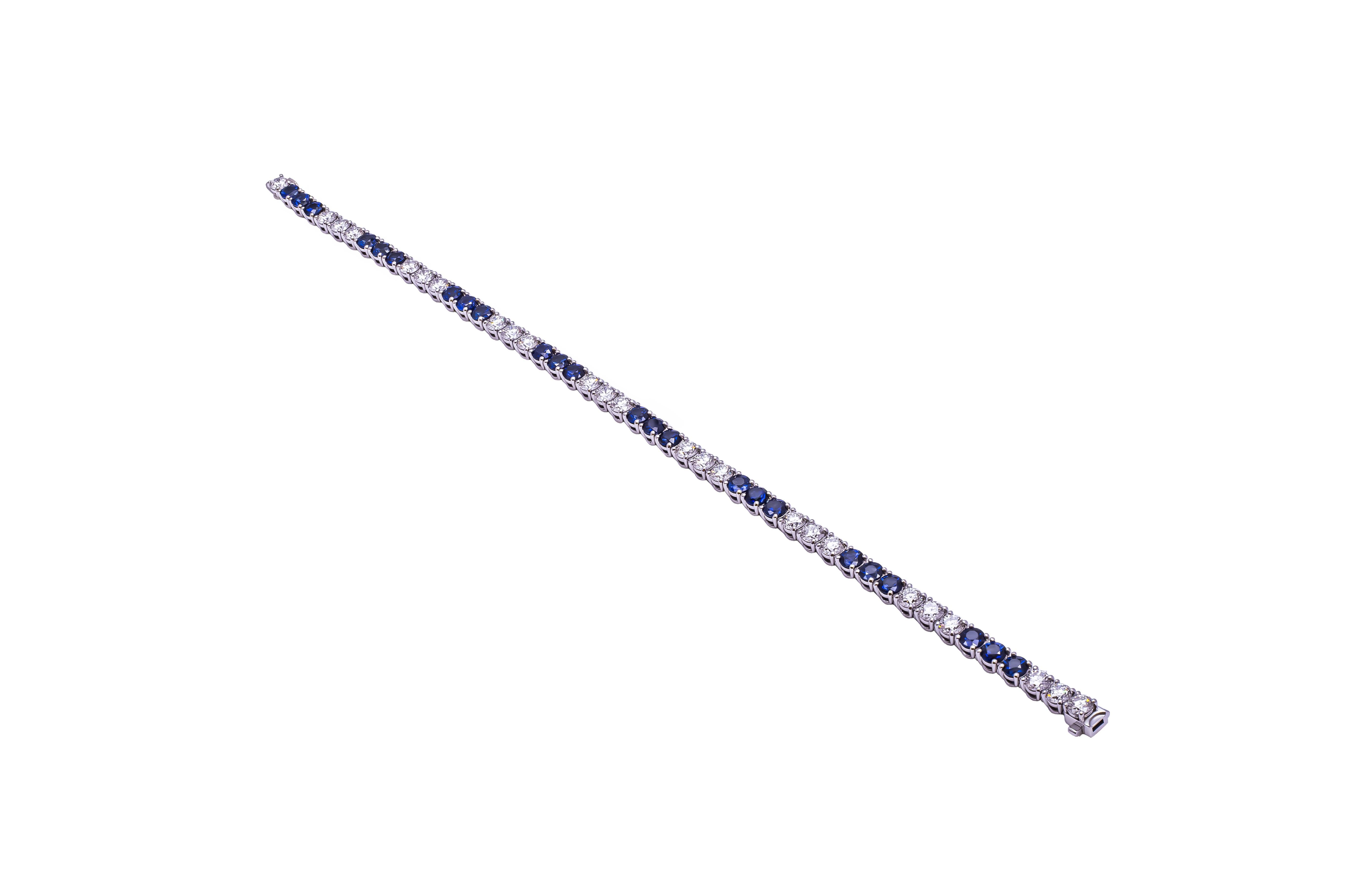 Round Cut Tennis Bracelet in Platinum with Diamonds and Blue Sapphires For Sale