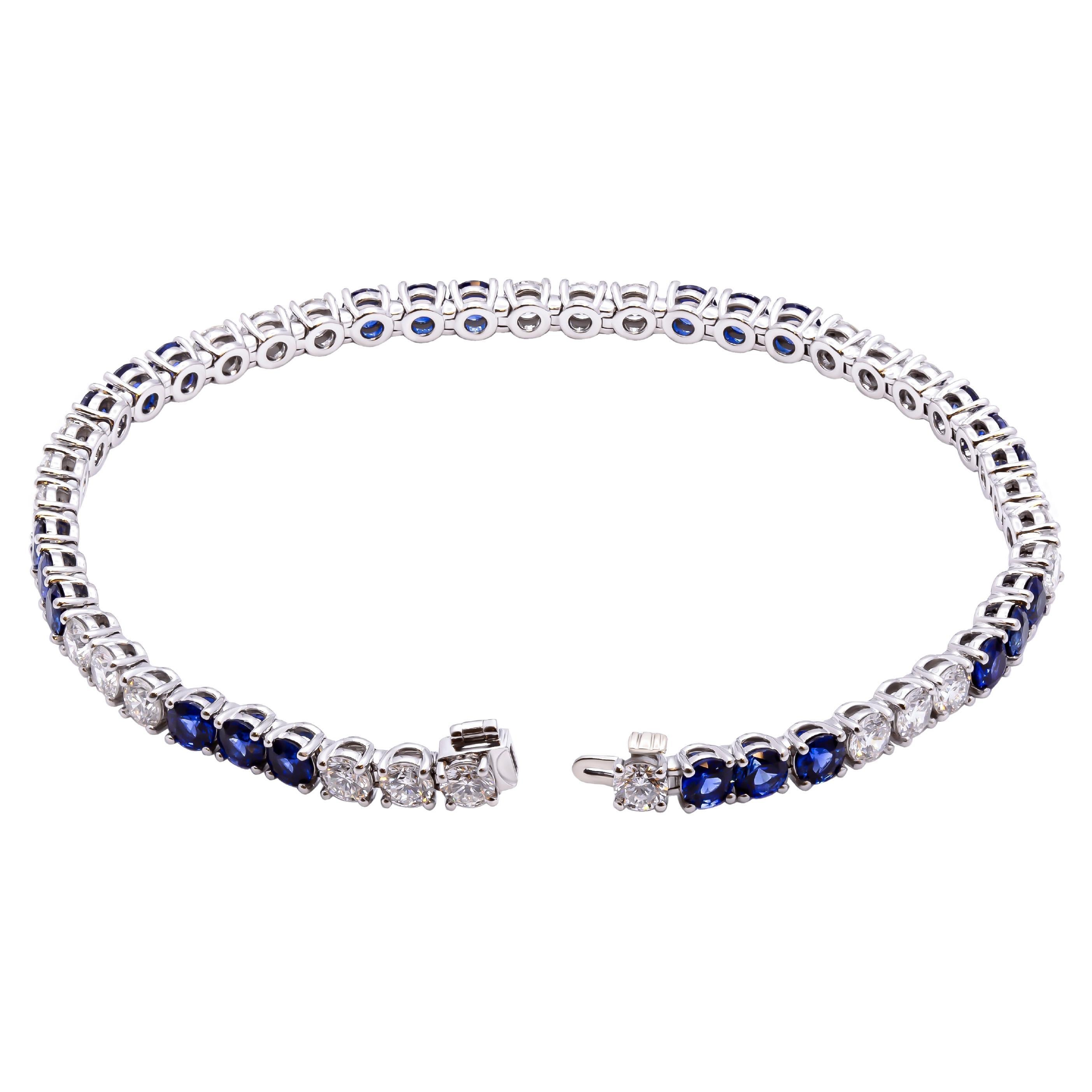 Tennis Bracelet in Platinum with Diamonds and Blue Sapphires For Sale
