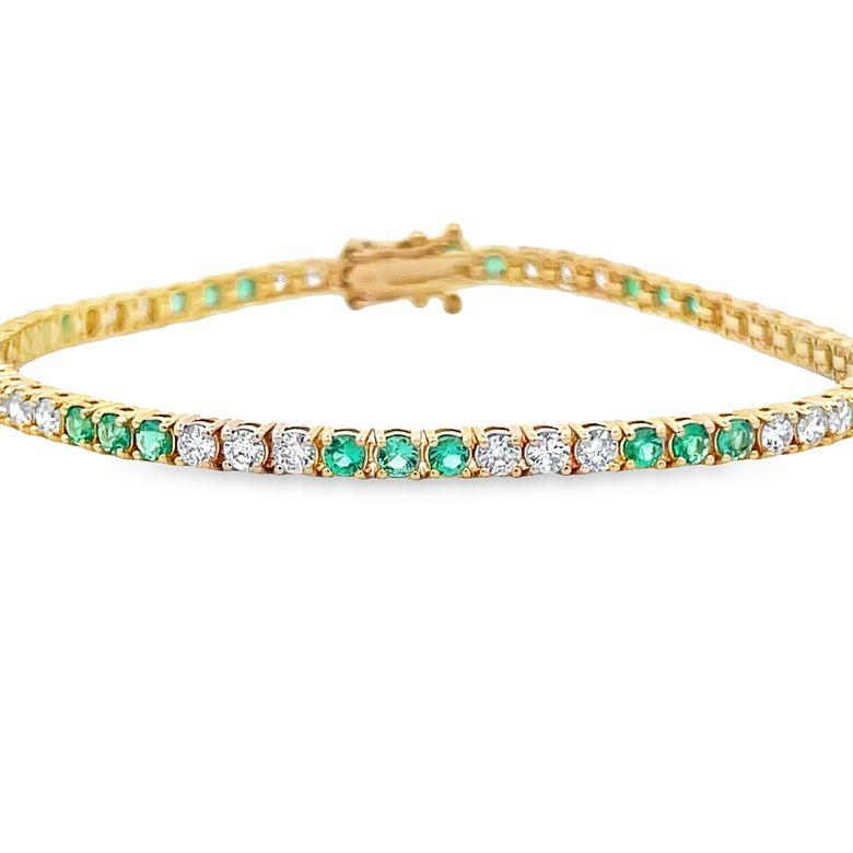 Modern Tennis Bracelet White Diamonds 2.00 CT & Green Emerald 1.80CT in 14K Yellow Gold For Sale