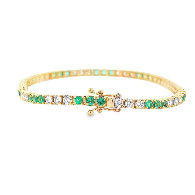 Women's or Men's Tennis Bracelet White Diamonds 2.00 CT & Green Emerald 1.80CT in 14K Yellow Gold For Sale