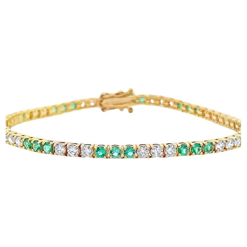 Tennis Bracelet White Diamonds 2.00 CT & Green Emerald 1.80CT in 14K Yellow Gold For Sale