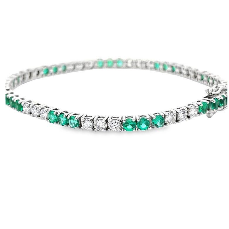 Modern Tennis Bracelet White Diamonds 2.09 CT & Green Emerald 3.20CT in 14K White Gold  For Sale