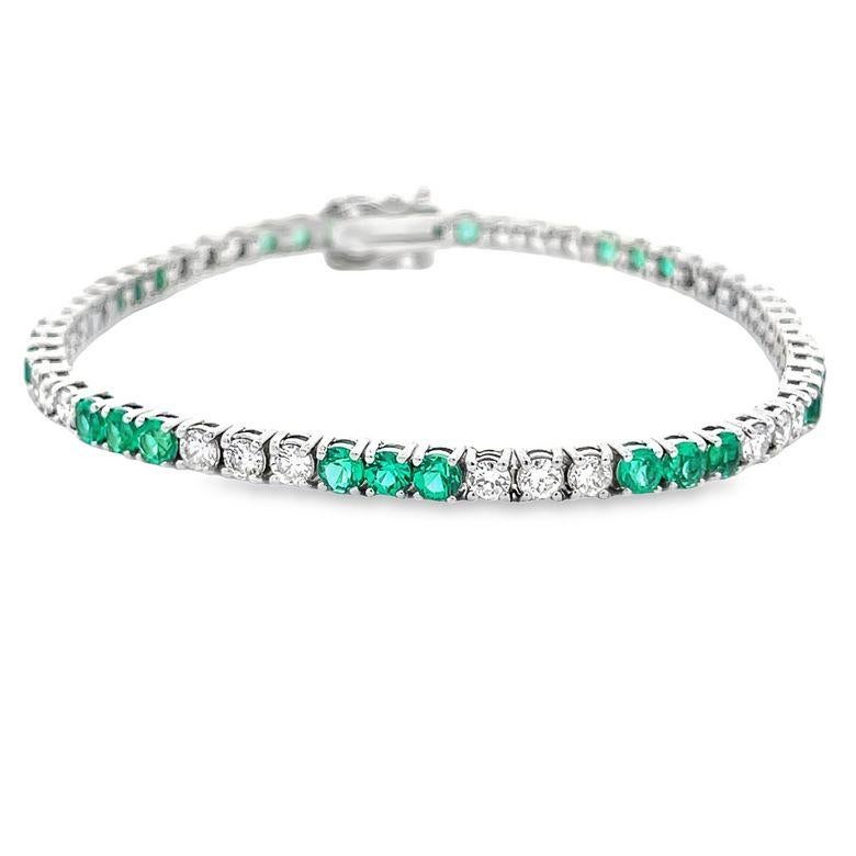 Women's or Men's Tennis Bracelet White Diamonds 2.09 CT & Green Emerald 3.20CT in 14K White Gold  For Sale