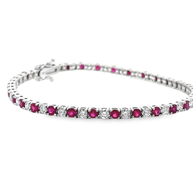 Tennis Bracelet White Diamonds 2.39 CT & Ruby 3.75CT in 14K White Gold   In New Condition For Sale In New York, NY