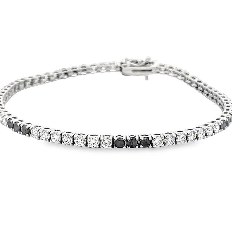 Modern Tennis Bracelet White Diamonds 2.55 CT & Black Diamonds 1.21CT in 14K White Gold For Sale