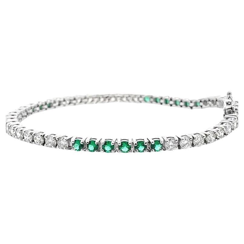 Tennis Bracelet White Diamonds 4.41 CT & Green Emerald 1.76CT in 14K White Gold