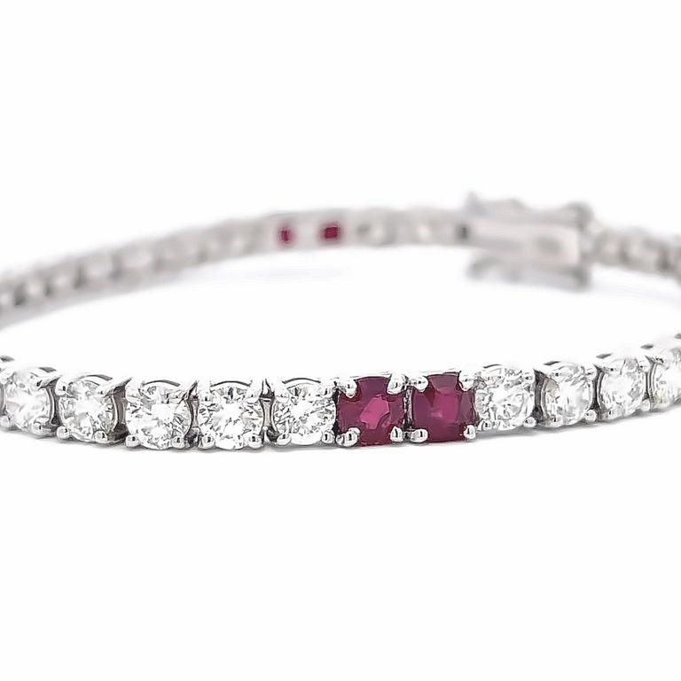 Tennis Bracelet White Diamonds 6.62CT & Burma Ruby 2.79CT in 14K White Gold   In New Condition For Sale In New York, NY