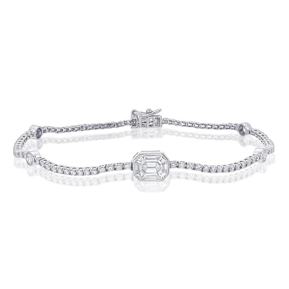Easy to carry on 
This Bracelet is made using 1.90 carat diamonds including 0.40 carat Pie cut diamond which gives a face look of 1 carat single diamond

Made in VS clarity EF color diamonds in 18kt White gold.

Total length 7 inches (17.80 cm)
