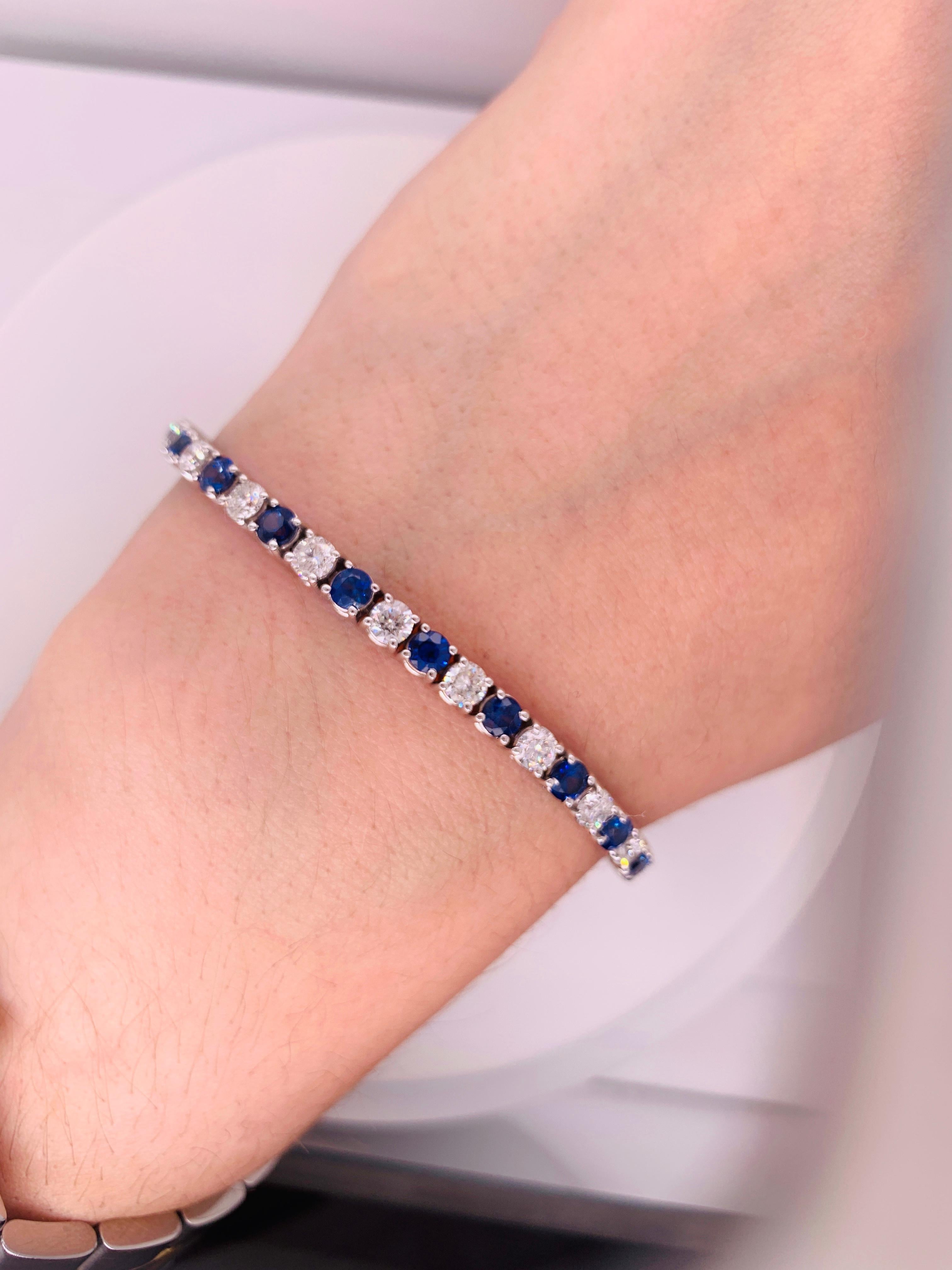 This Tennis Bracelet features 19 Stones of Round Deep Blue Sapphires in 7.36 Carats of Total Sapphires Weight and 19 Stones of Round White Diamonds in 4.15 Carats of Total Diamonds Weight. The Length of the Bracelet is 7 Inches, it has Bracelet