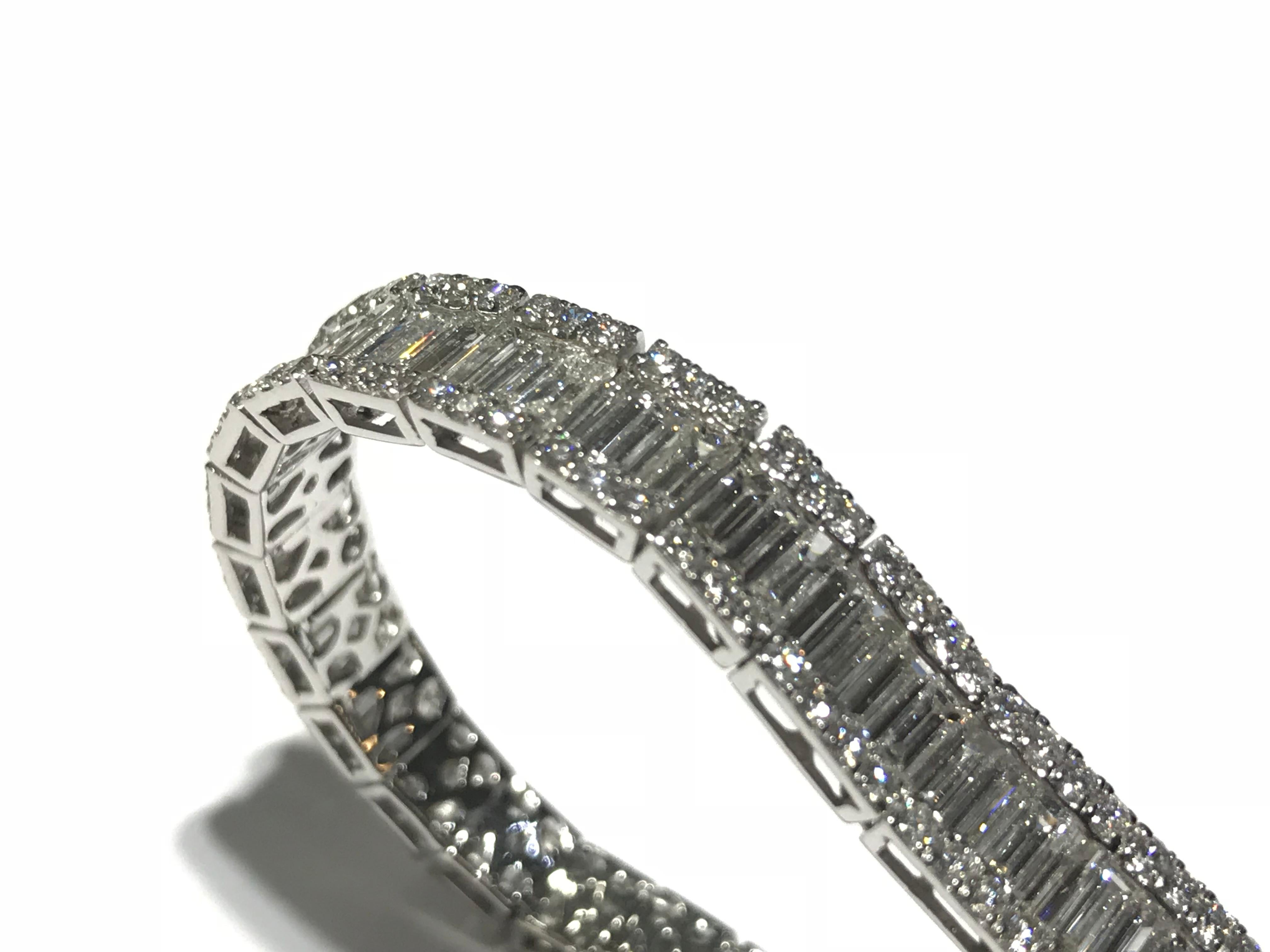 Baguette Cut Tennis Bracelet with Baguettes and Round Diamonds on Each Side For Sale