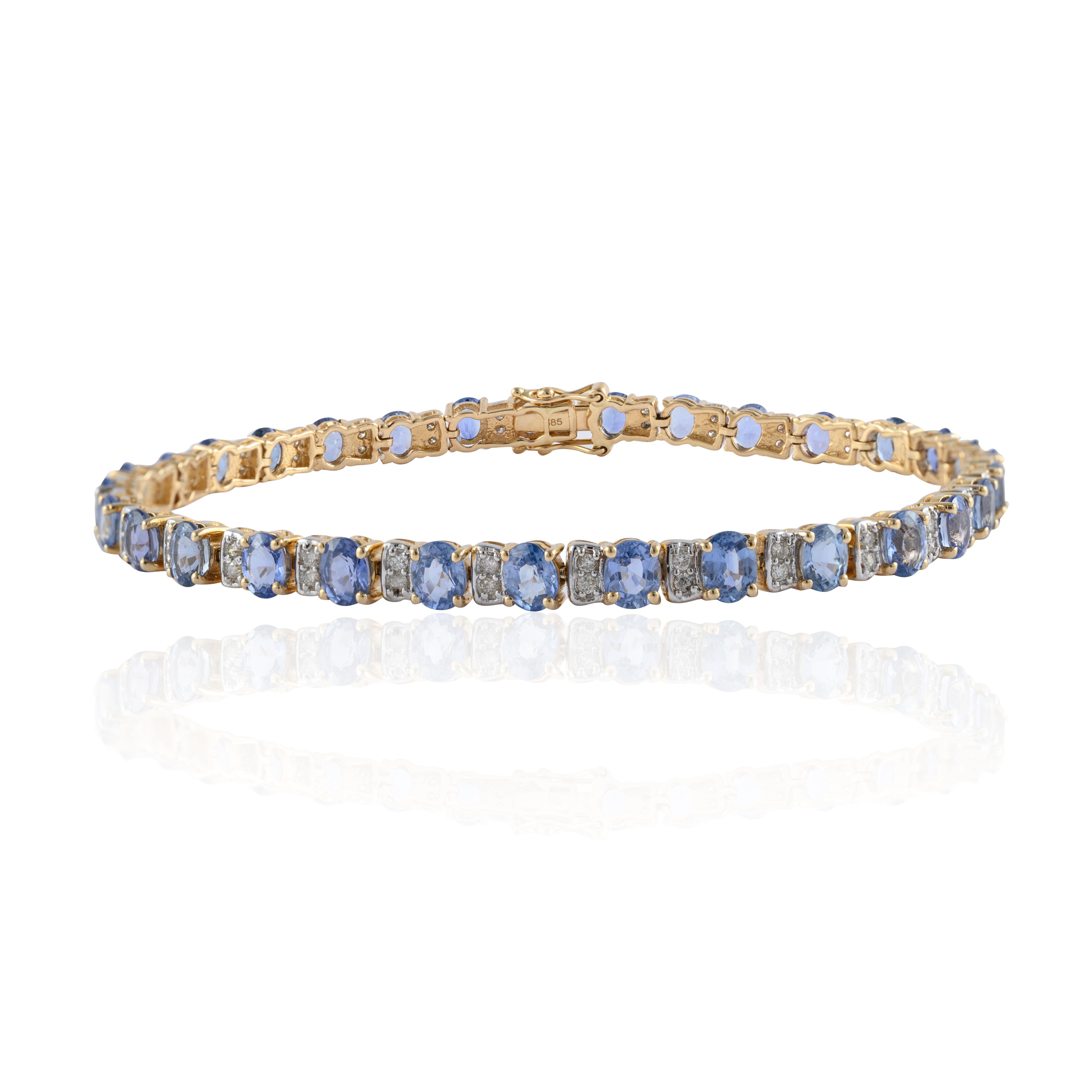 Tennis Bracelet with Blue Sapphire and Diamonds Set in Solid 14k Yellow Gold For Sale 1