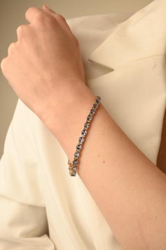 Tennis Bracelet with Blue Sapphire and Diamonds Set in Solid 14k Yellow Gold