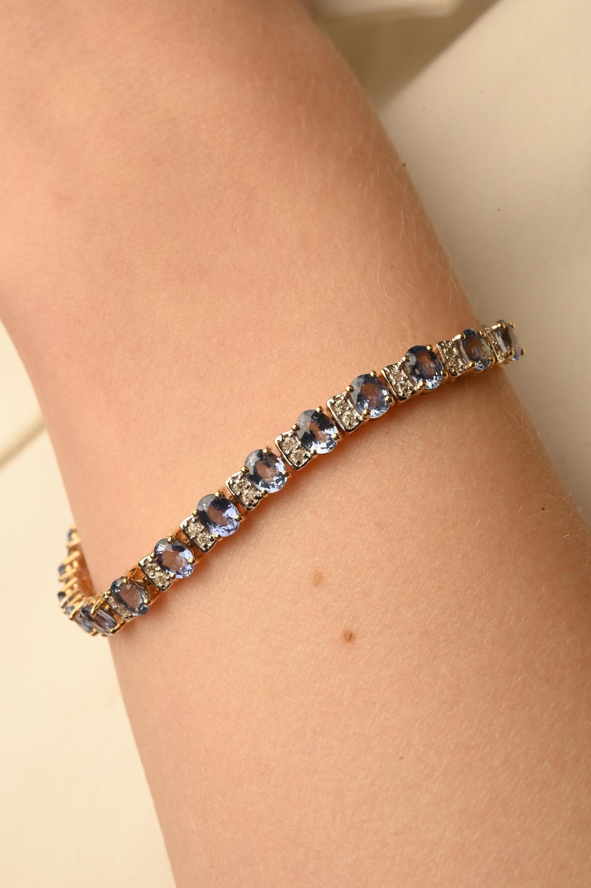 Women's Tennis Bracelet with Blue Sapphire and Diamonds Set in Solid 14k Yellow Gold For Sale