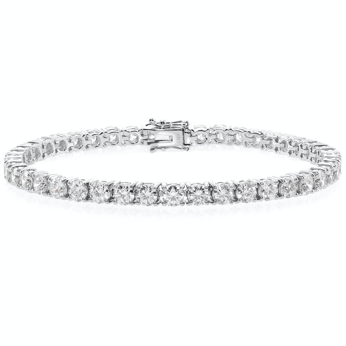 Every girl needs a tennis bracelet! We make them in all diamond sizes. This one has 7.78cts of diamonds (0.222ct each stone) and is in white gold.

The 4-prongs set diamond bracelets are the perfect complement to your everyday jewelry collection and