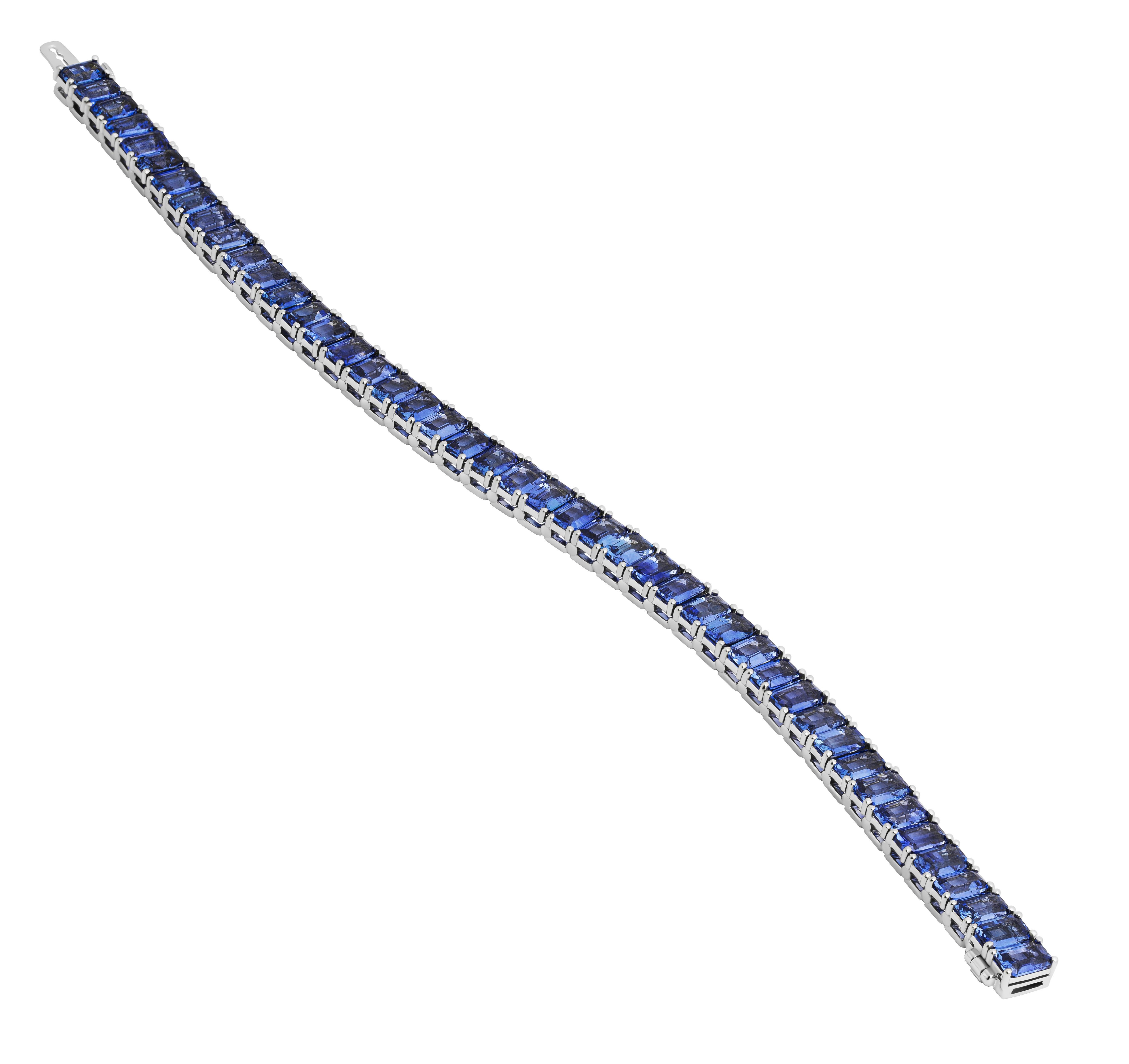 Emerald Cut Tennis Bracelet with Emerald cut Blue Sapphires For Sale