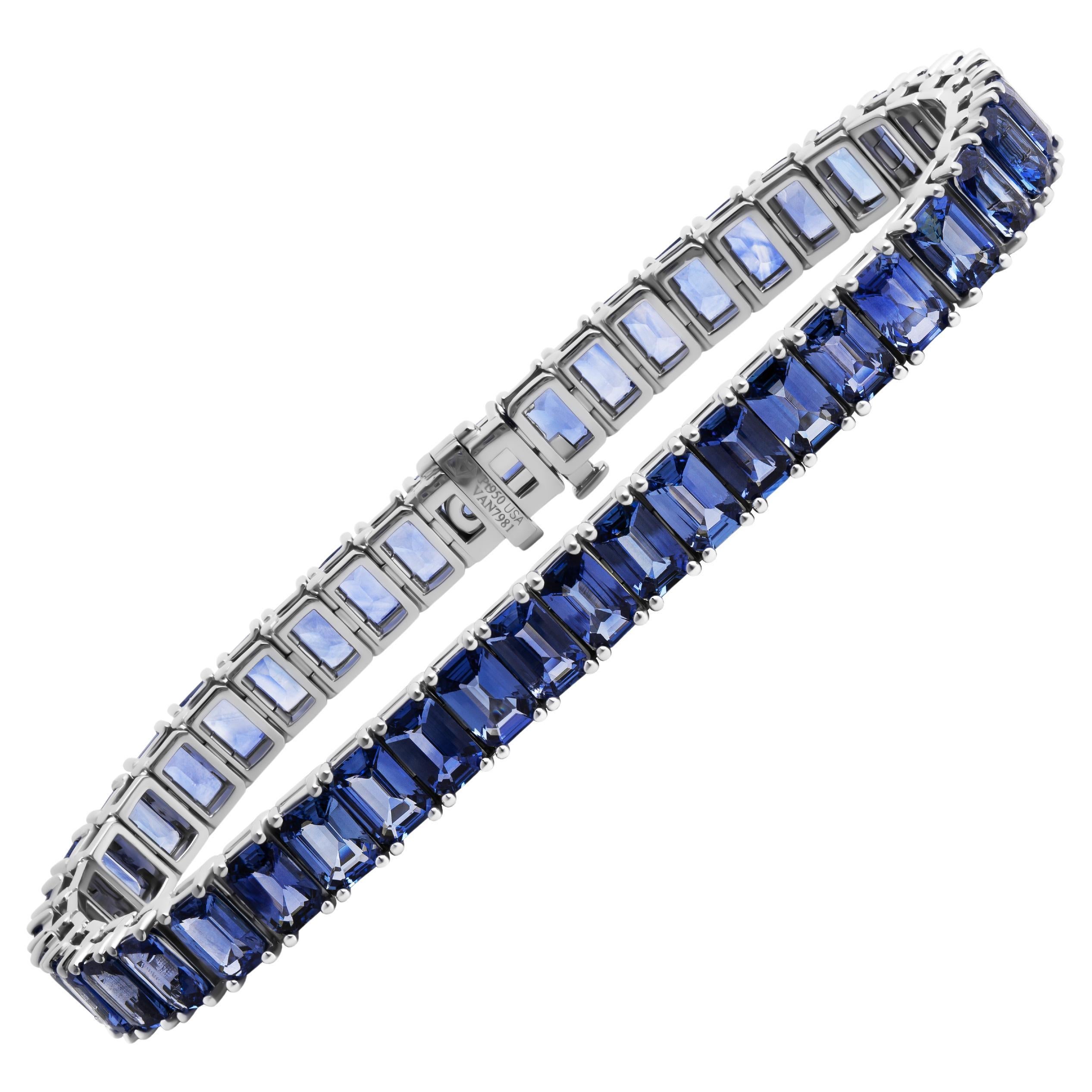 Tennis Bracelet with Emerald cut Blue Sapphires For Sale