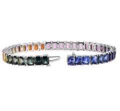 Tennis Bracelet with Emerald Cut Rainbow Sapphires in 14K White Gold