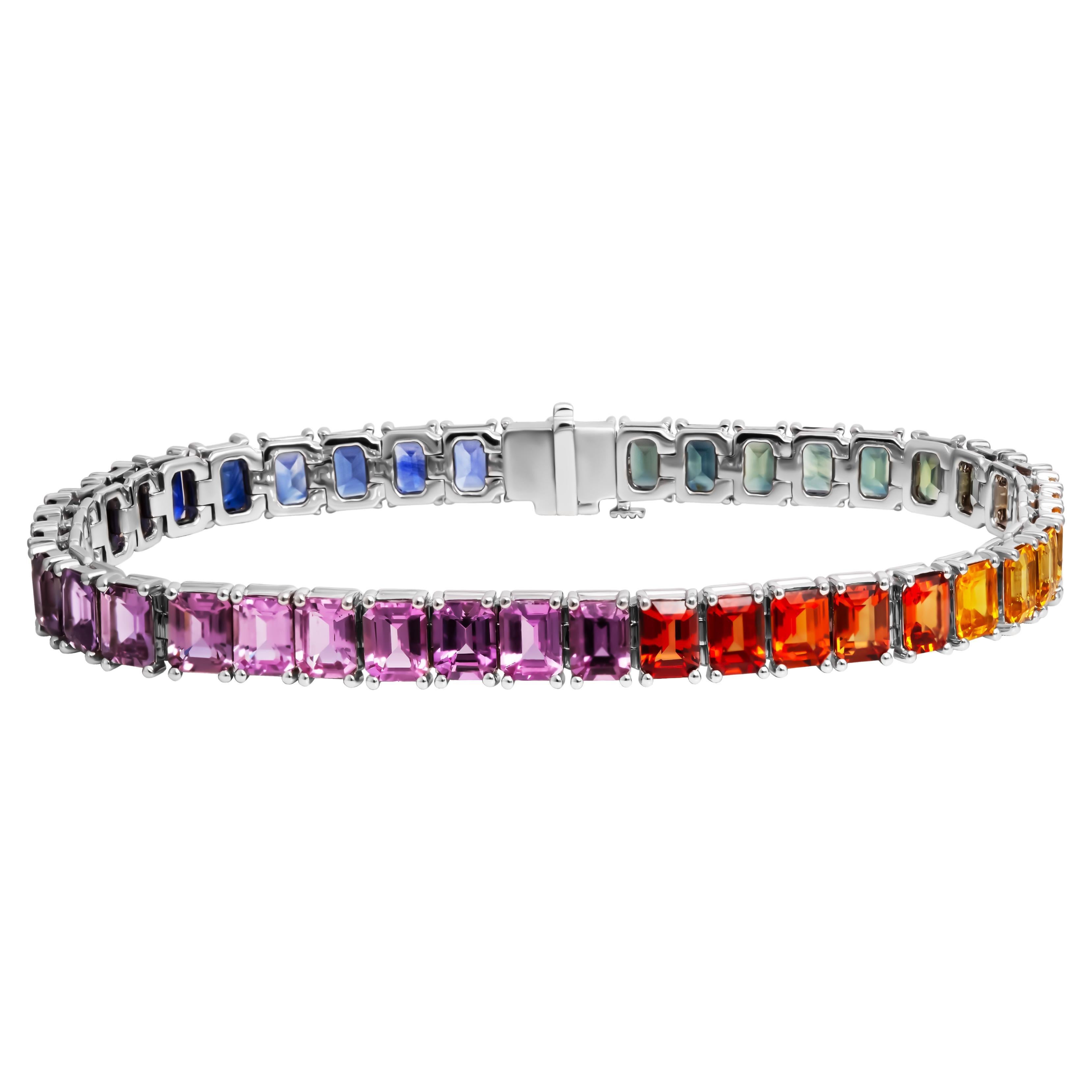 Tennis Bracelet with Emerald Cut Rainbow Sapphires in 14K White Gold