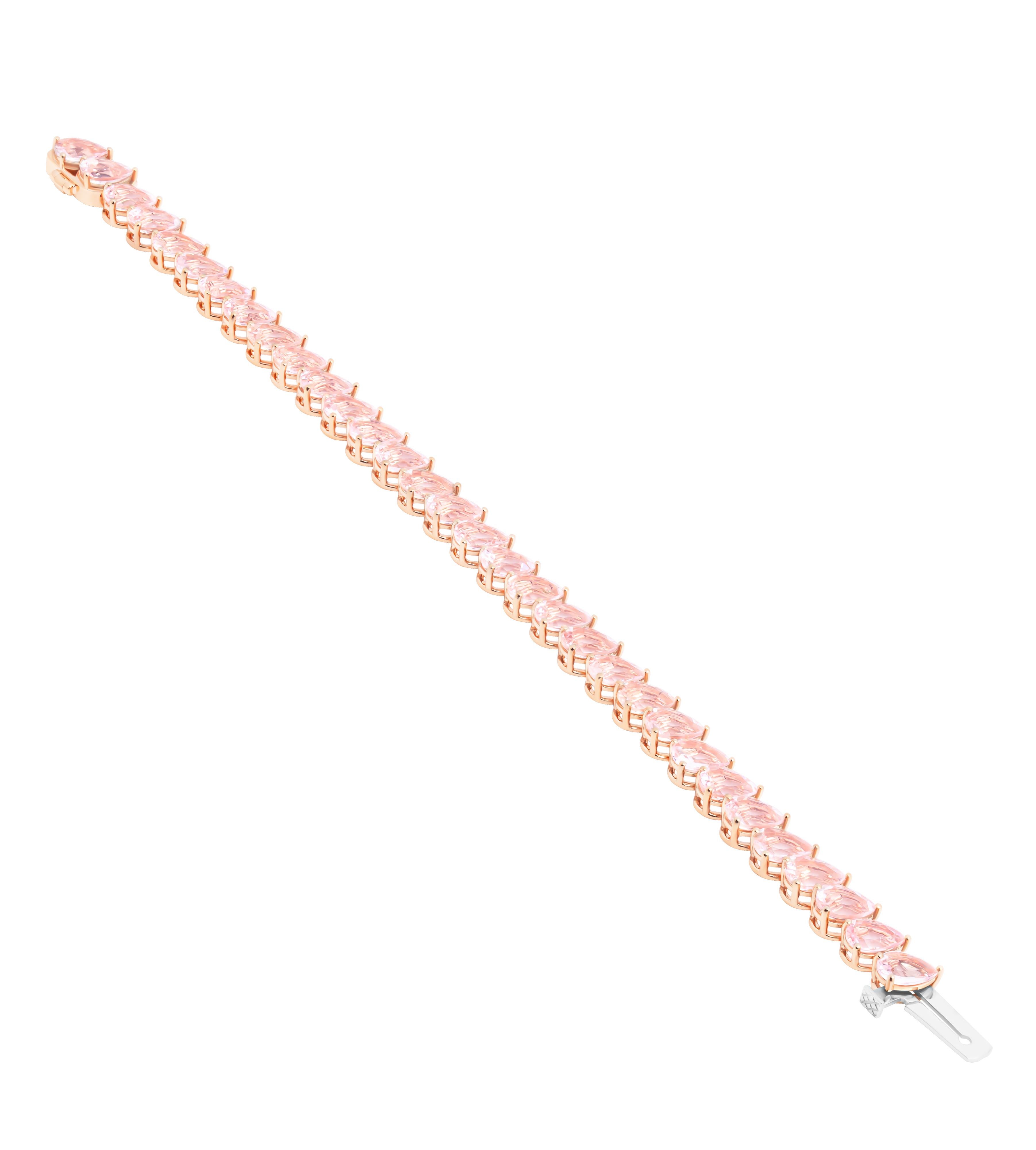 Tennis Bracelet with Pear Shaped Morganites in 14k Rose Gold
Length is 7 inched
Total Carat weight: 22.50ct  -32stones


