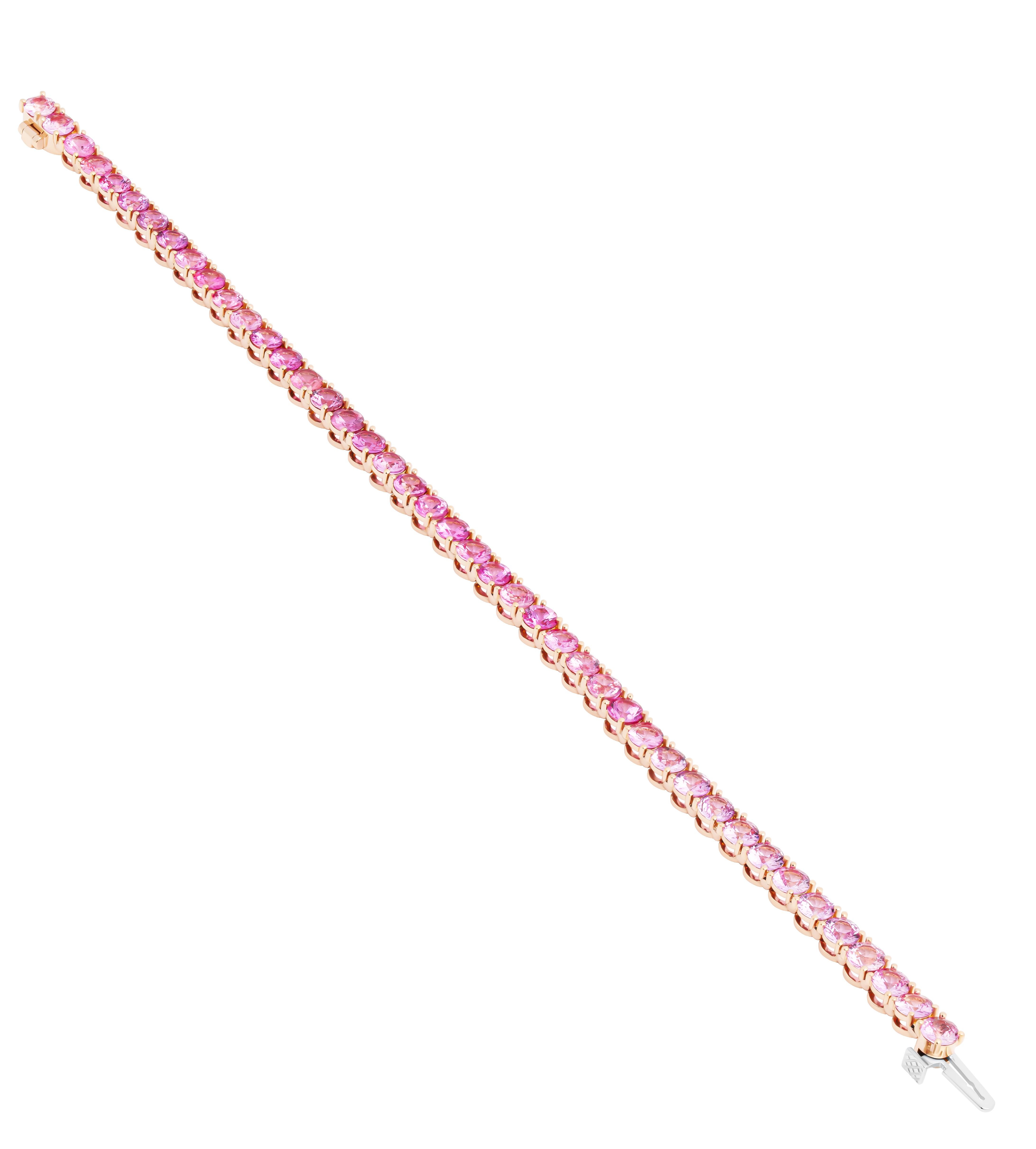 Pulsera de tenis con zafiros rosas en oro rosa de 18 quilates
Con zafiros rosas 
Longitud 7
