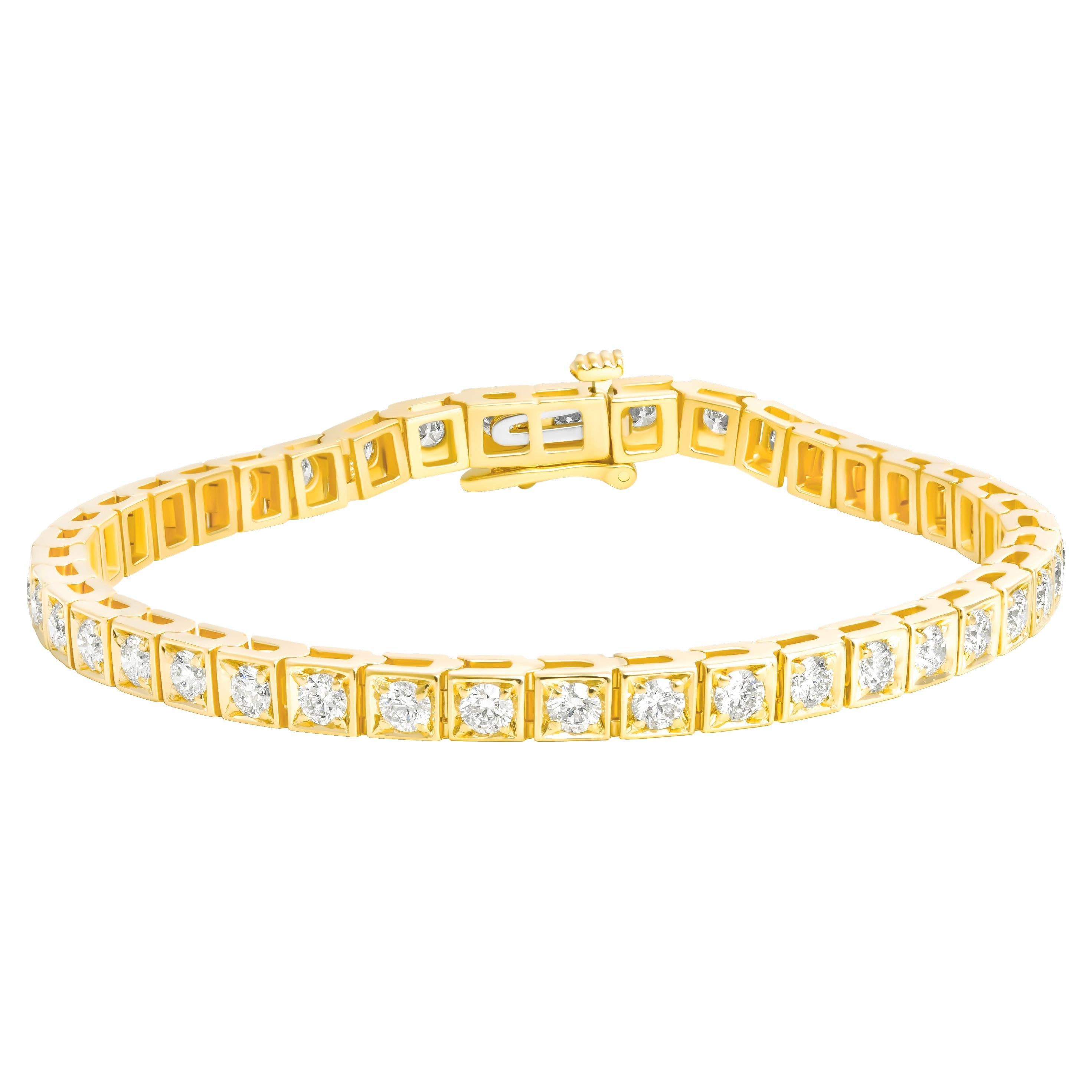 Bracelet de tennis avec diamants ronds en or jaune 14K en vente