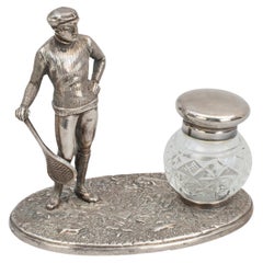 Antique Tennis Inkwell With Tennis Player (Real Tennis or Racquets)