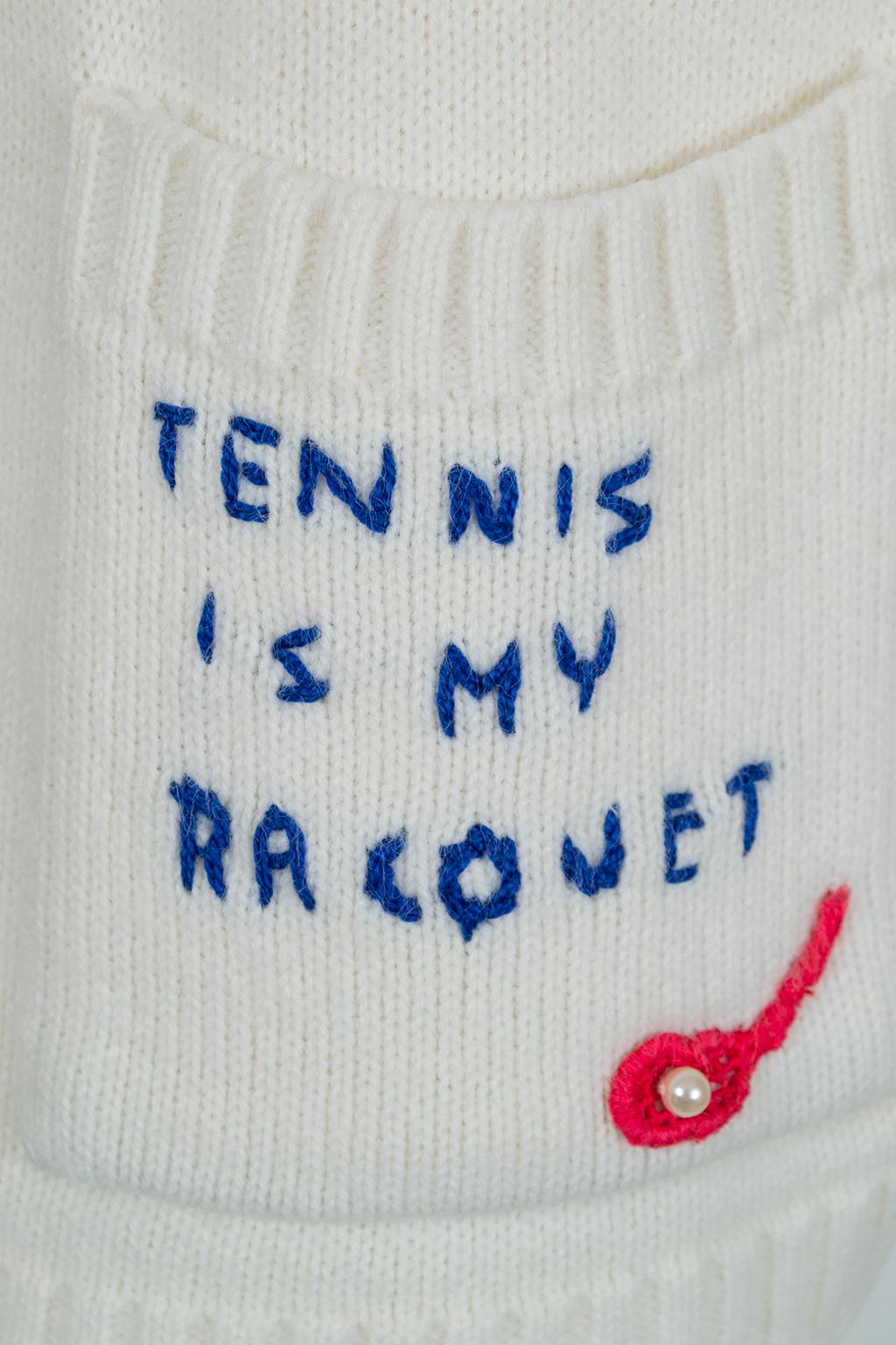 Tennis is my Racquet Ivory Novelty Appliqué Cardigan Sweater - M-L, 1960s 2