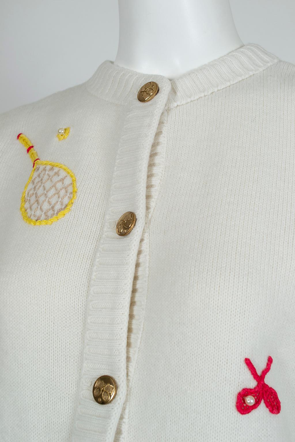 Gray Tennis is my Racquet Ivory Novelty Appliqué Cardigan Sweater - M-L, 1960s