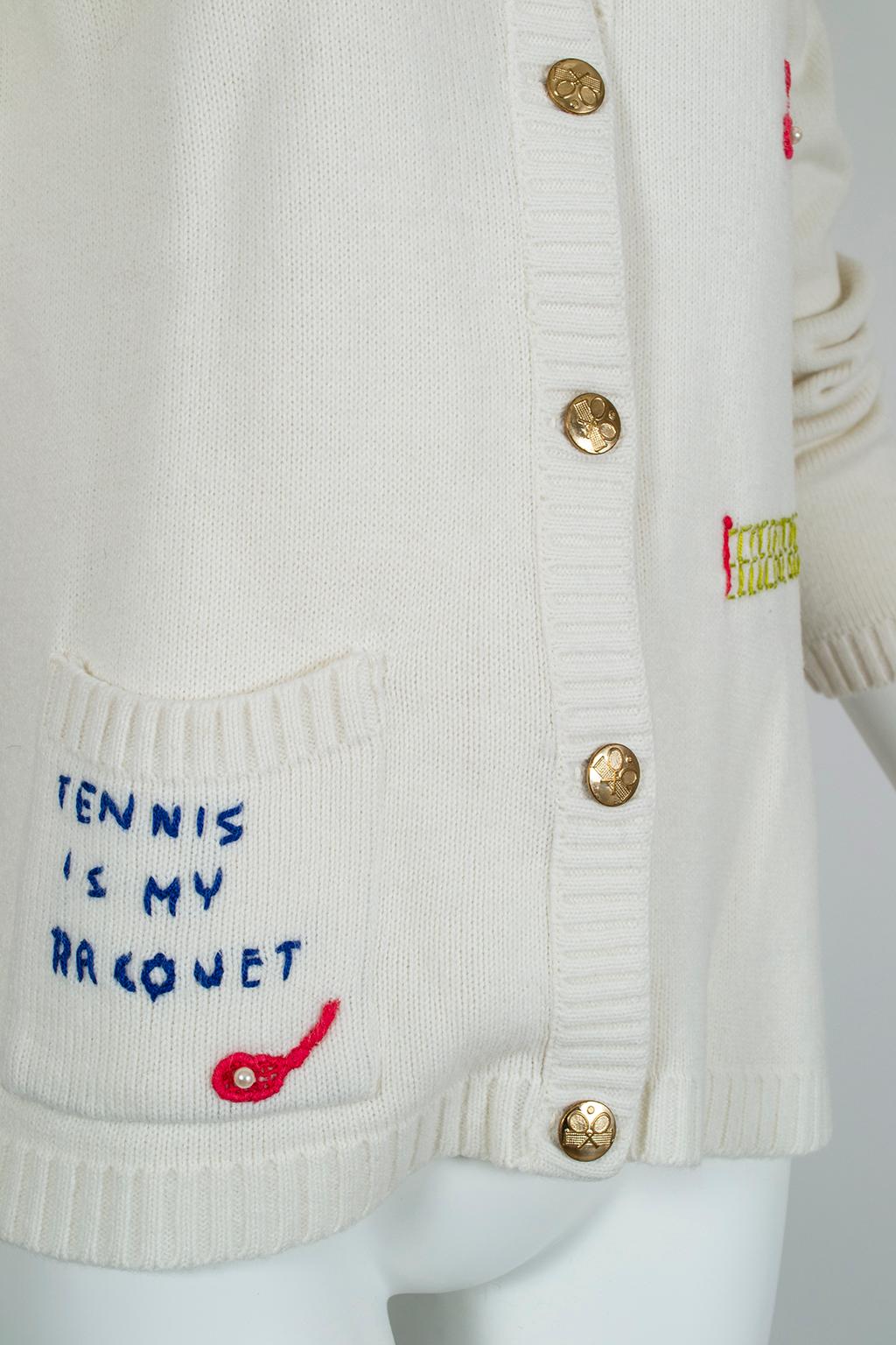 Tennis is my Racquet Ivory Novelty Appliqué Cardigan Sweater - M-L, 1960s 1