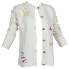 Tennis ist mein Schläger Elfenbein Novelty Appliqué Strickjacke Pullover - M-L, 1960er