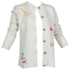 Tennis is my Racquet Ivory Novelty Appliqué Cardigan Sweater - M-L:: 1960s