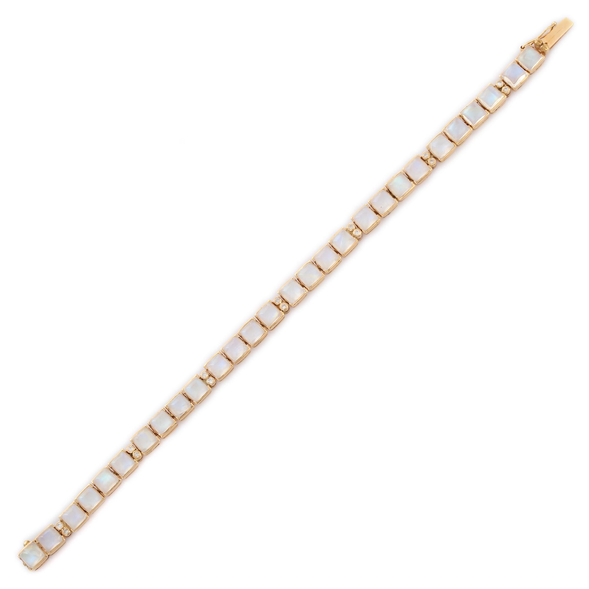 Bracelets are worn to enhance the look. Women love to look good. It is common to see a woman rocking a lovely gold bracelet on her wrist. A gold gemstone bracelet is the ultimate statement piece for every stylish woman.
Moonstone and Diamond