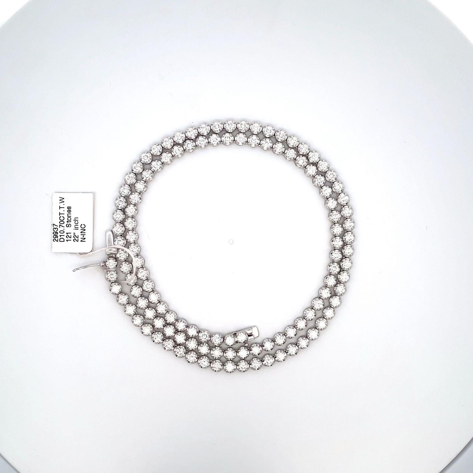Round Cut Tennis Necklace in 14K White Gold with Round Diamonds. D10.70ct.t.w. For Sale