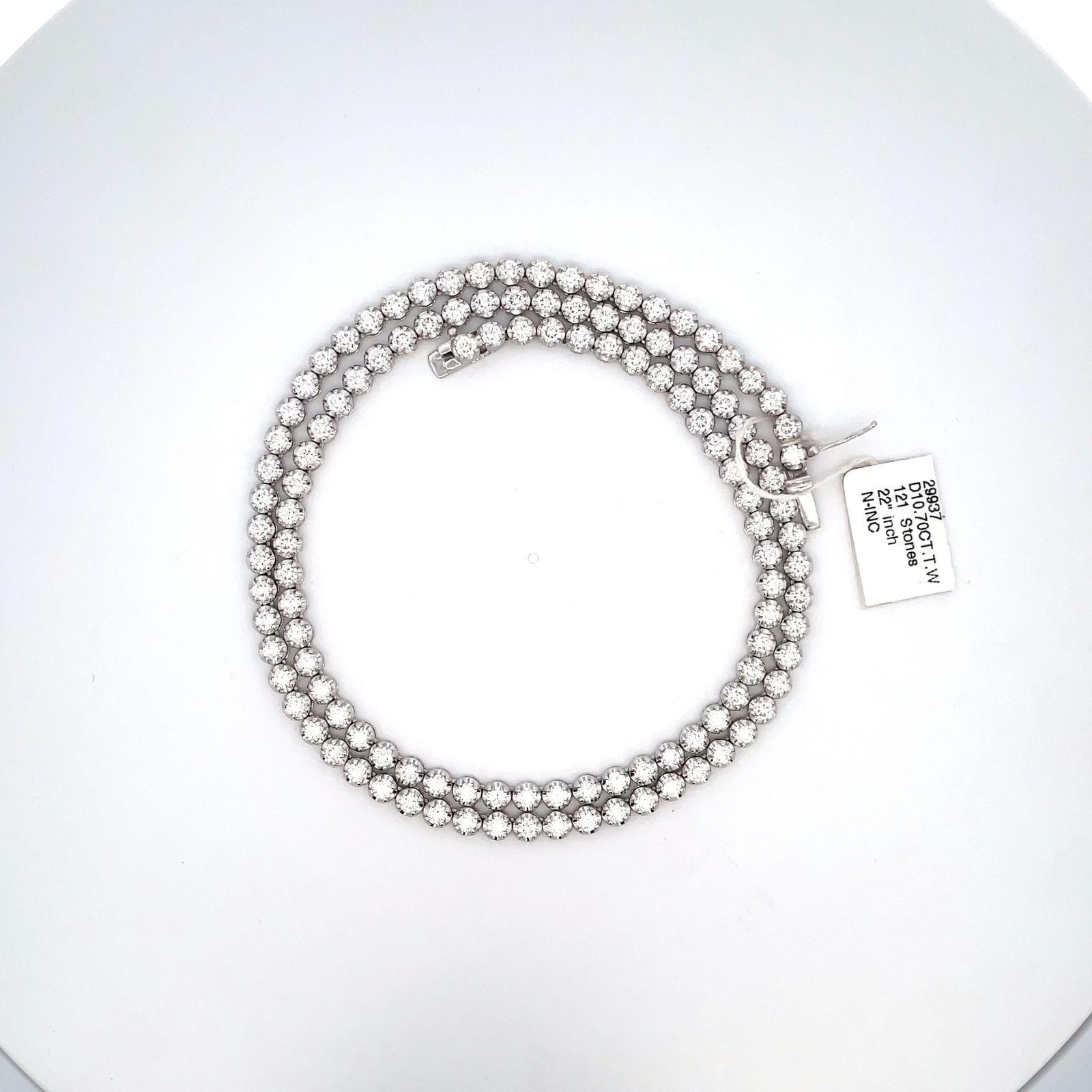 Tennis Necklace in 14K White Gold with Round Diamonds. D10.70ct.t.w. In New Condition For Sale In Los Angeles, CA