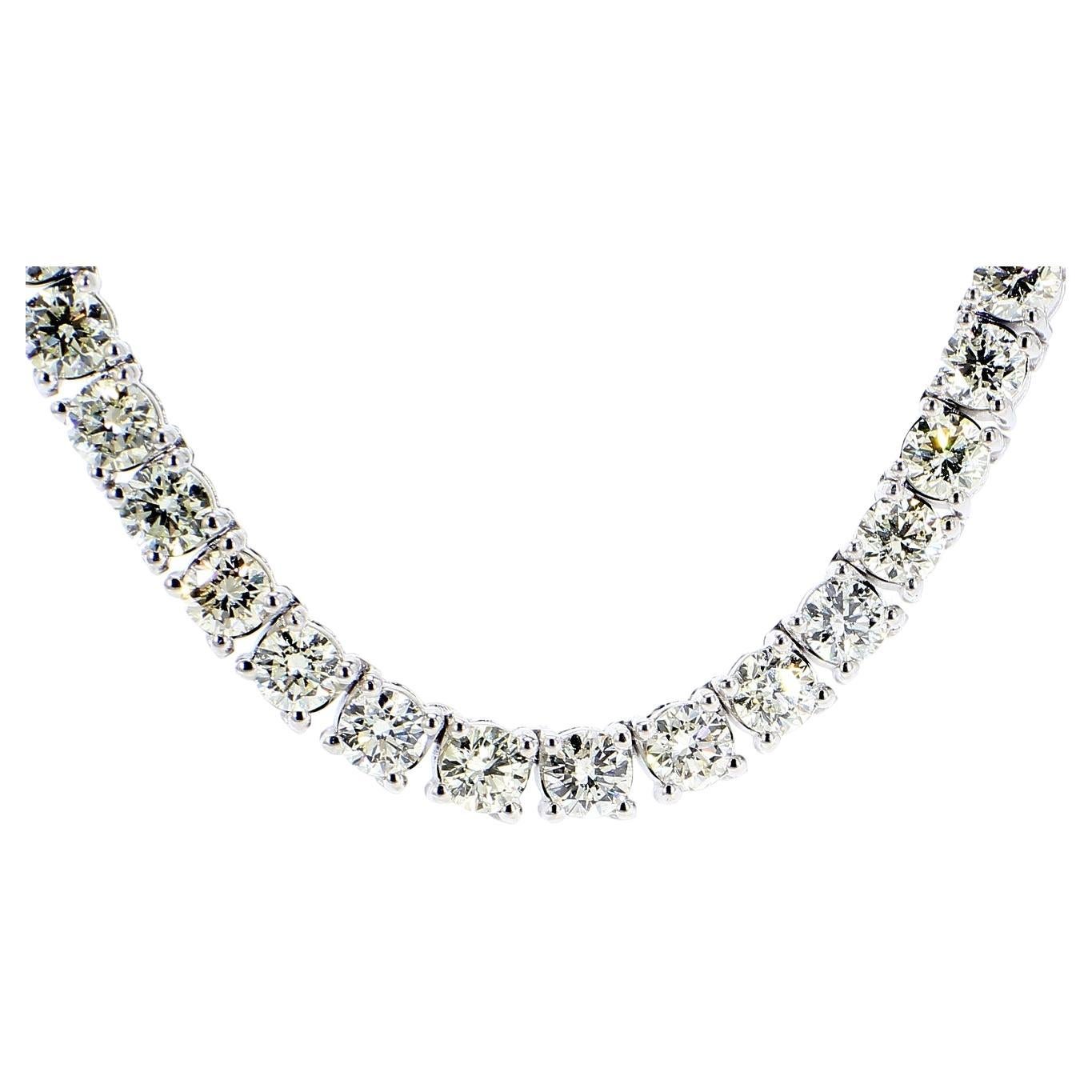 Tennis Necklace in 18K White Gold with Round Diamonds. D28.66ct.t.w. For Sale