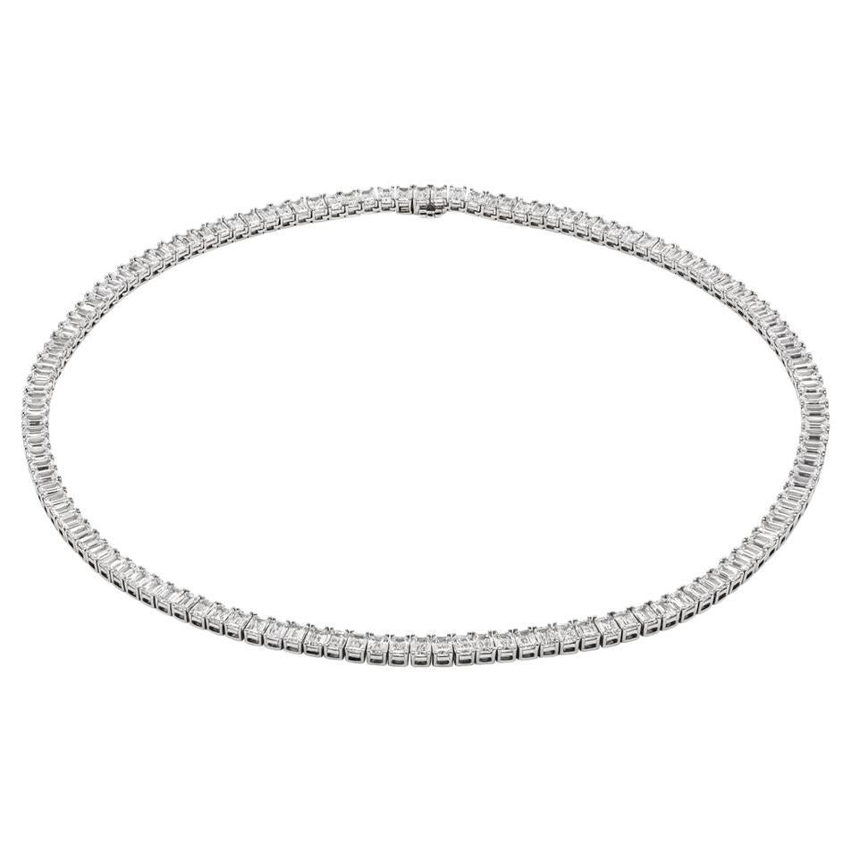  Tennis necklace with GIA Certified Emerald cut diamonds in Platinum 38.76 carat For Sale