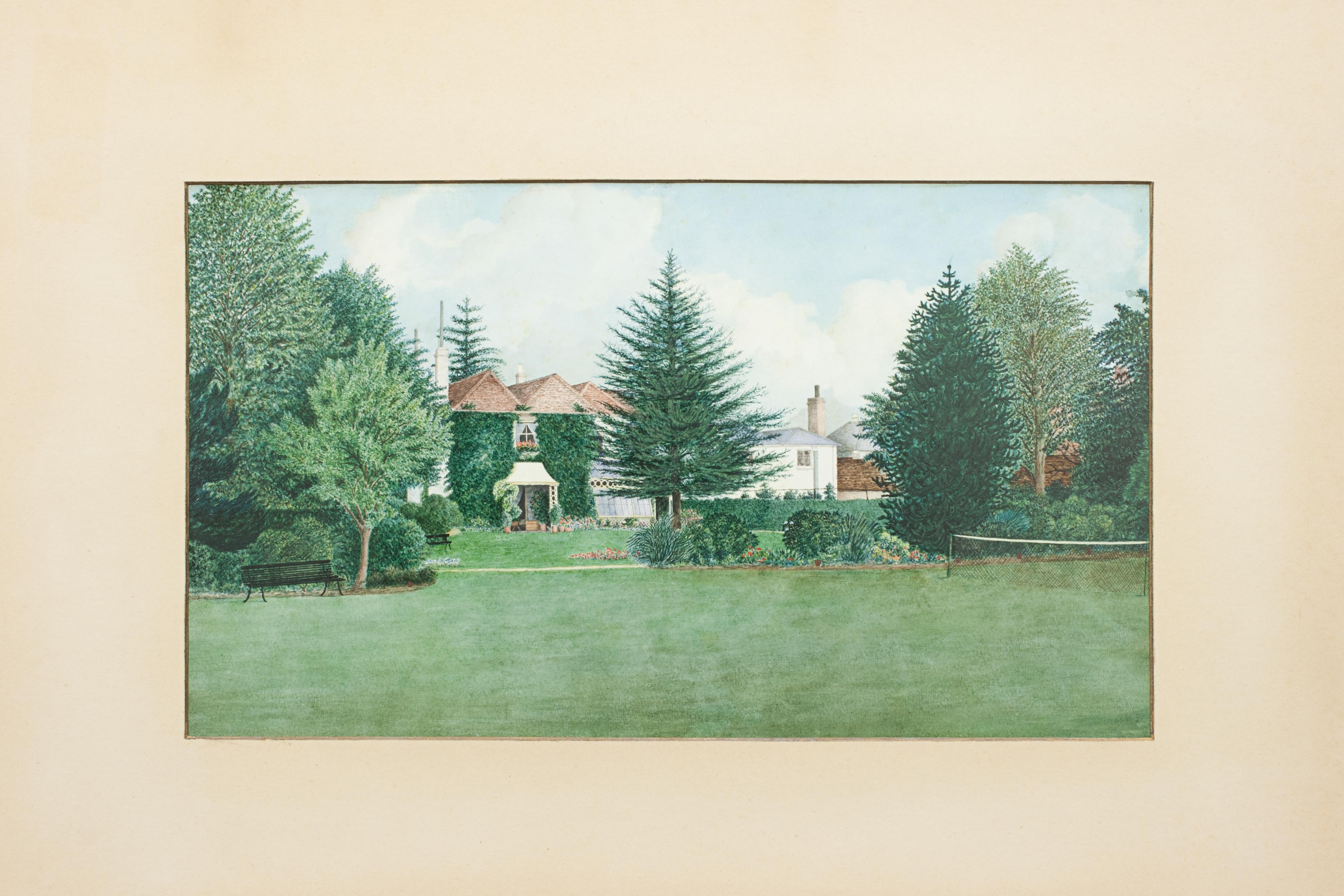 Tennis watercolour painting.
A wonderful atmospheric watercolour of a country house's rear garden with well established trees and a grass tennis court. The tennis net can be seen coming into the picture from the right. It is a well accomplished