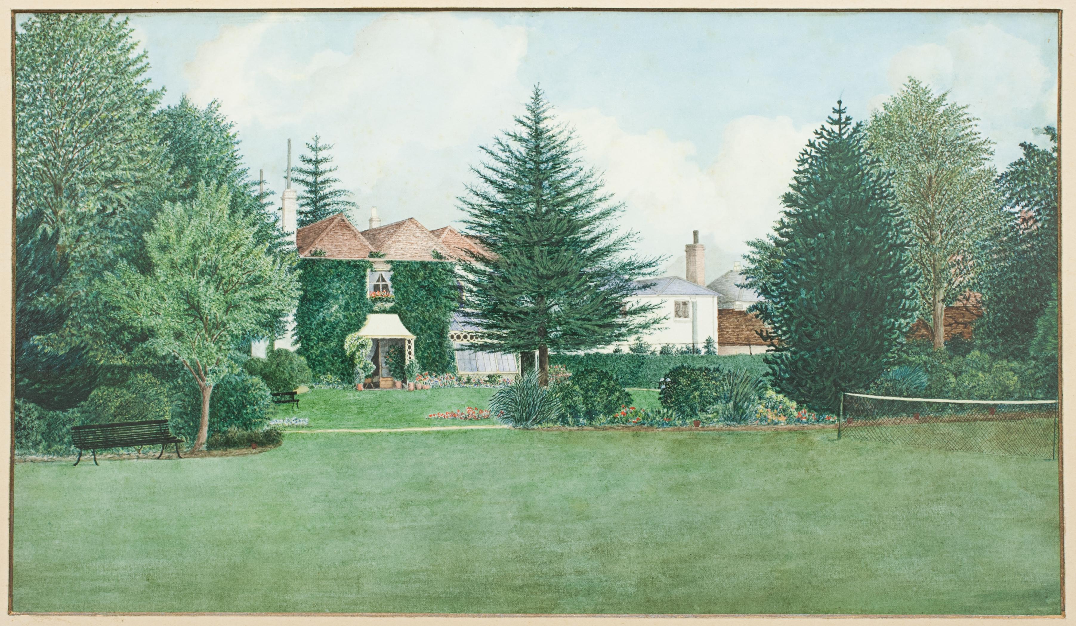 Sporting Art Tennis Painting, Country House with Tennis Court