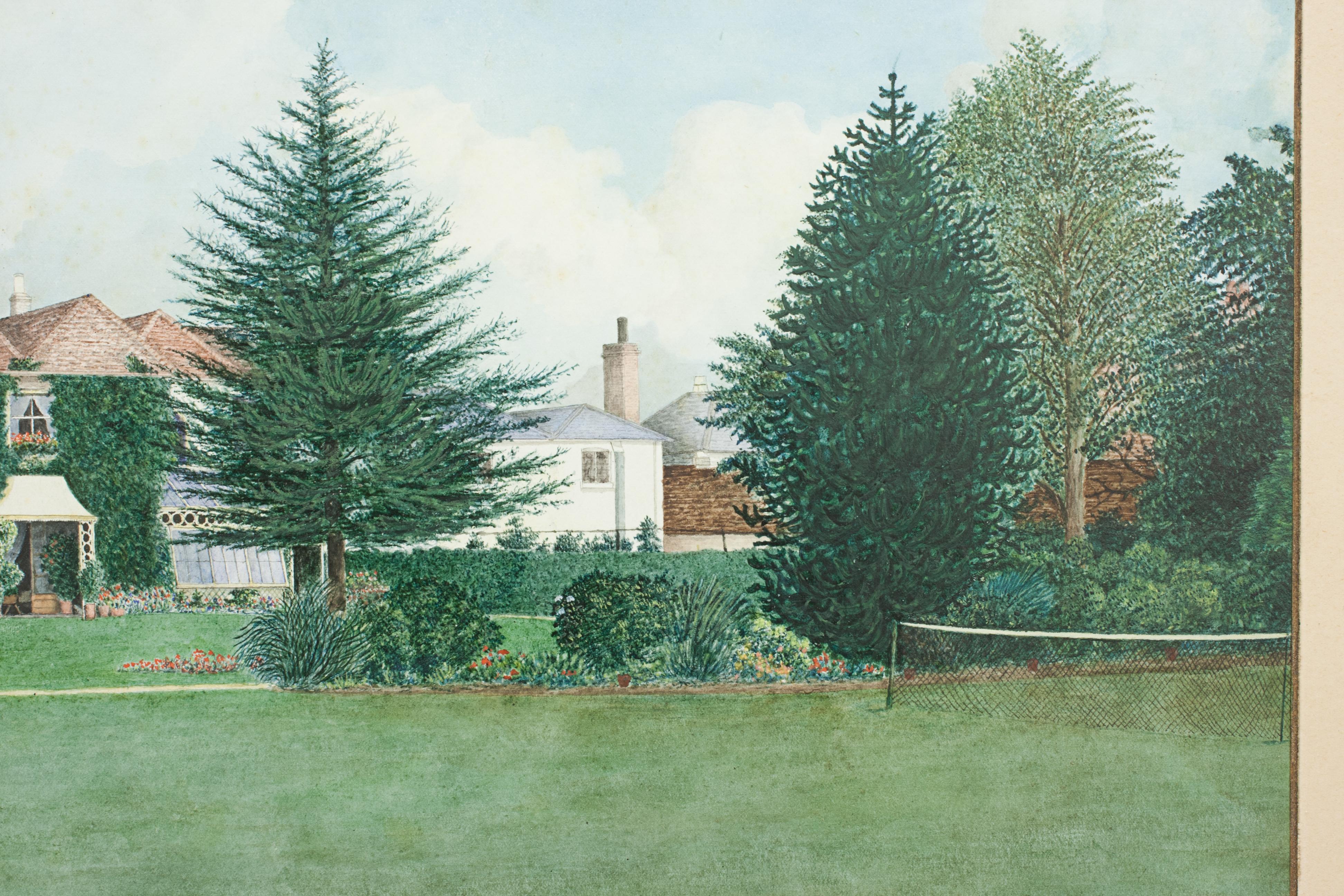 Early 20th Century Tennis Painting, Country House with Tennis Court