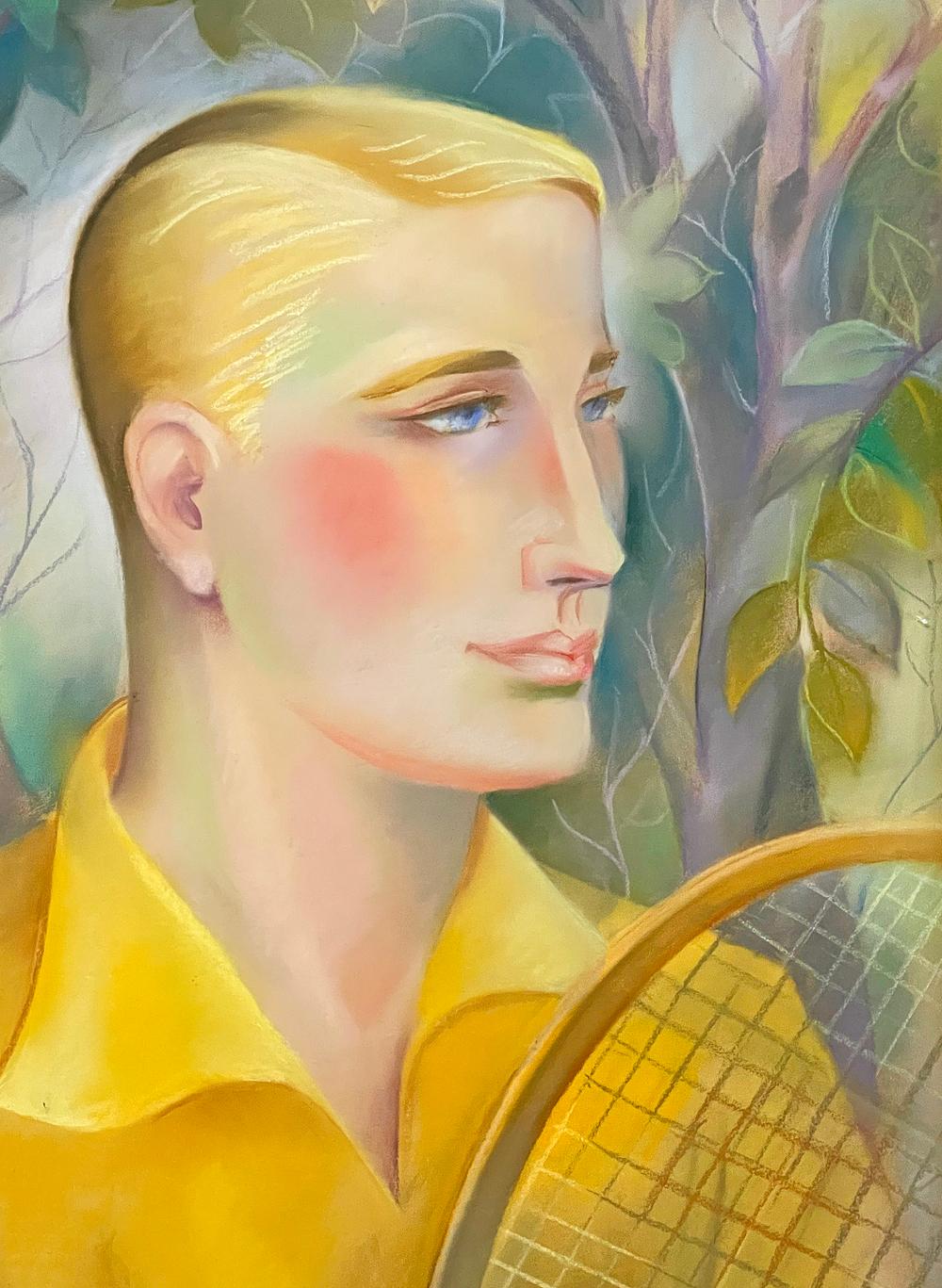 This striking portrait of a sophisticated, beautifully groomed young man holding a tennis racket, his straw-colored hair beautifully echoed and emphasized by his canary-yellow shirt, his cheeks ruddy from the sun and his eyelids heavy from the heat