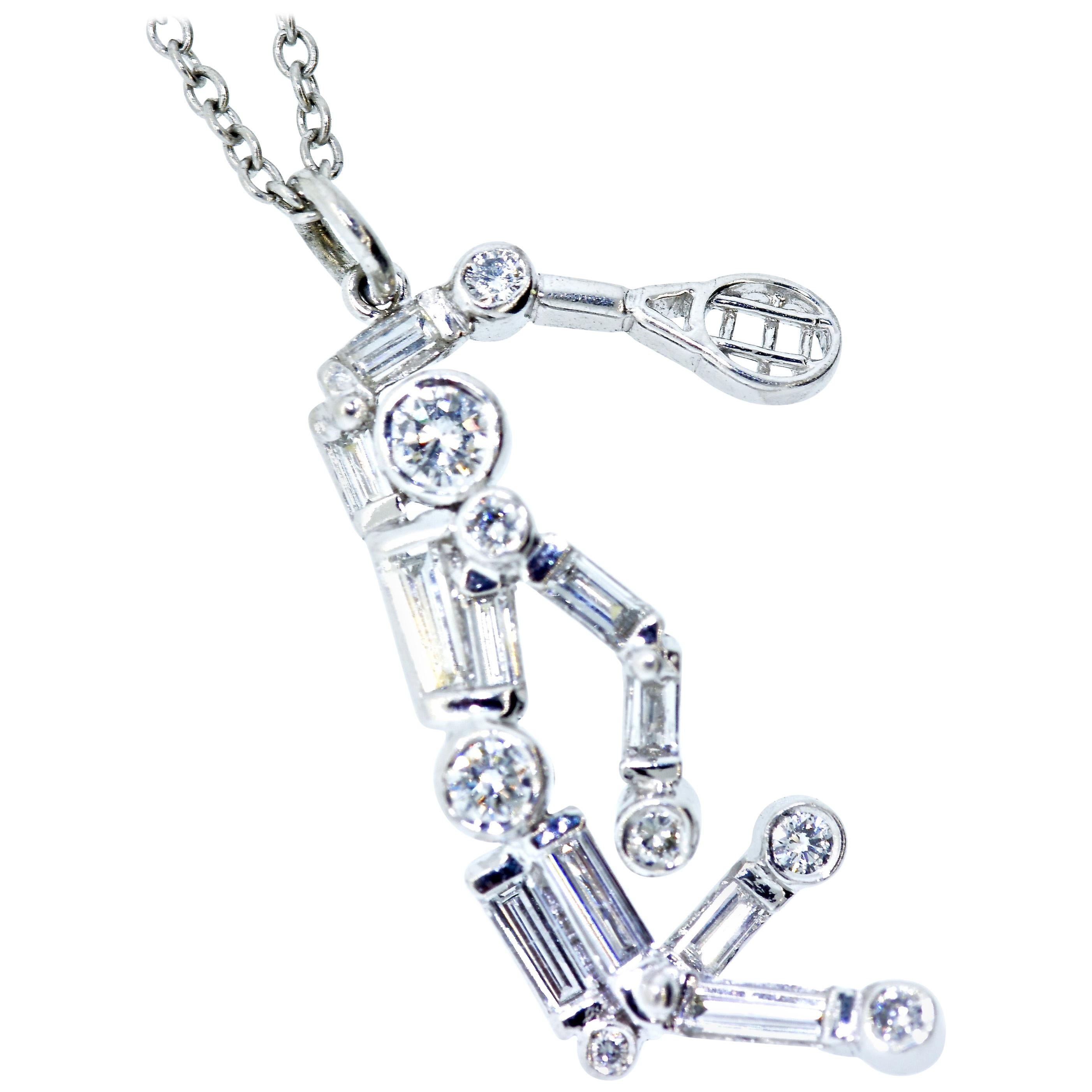 Tennis player with 1.0 cts of fancy cut fine white diamonds.  This pendant is hand made with fine white diamonds.  There are baguette cut diamonds, tapered baguettes and round modern brilliant cut diamonds.  All of these stones are colorless to near