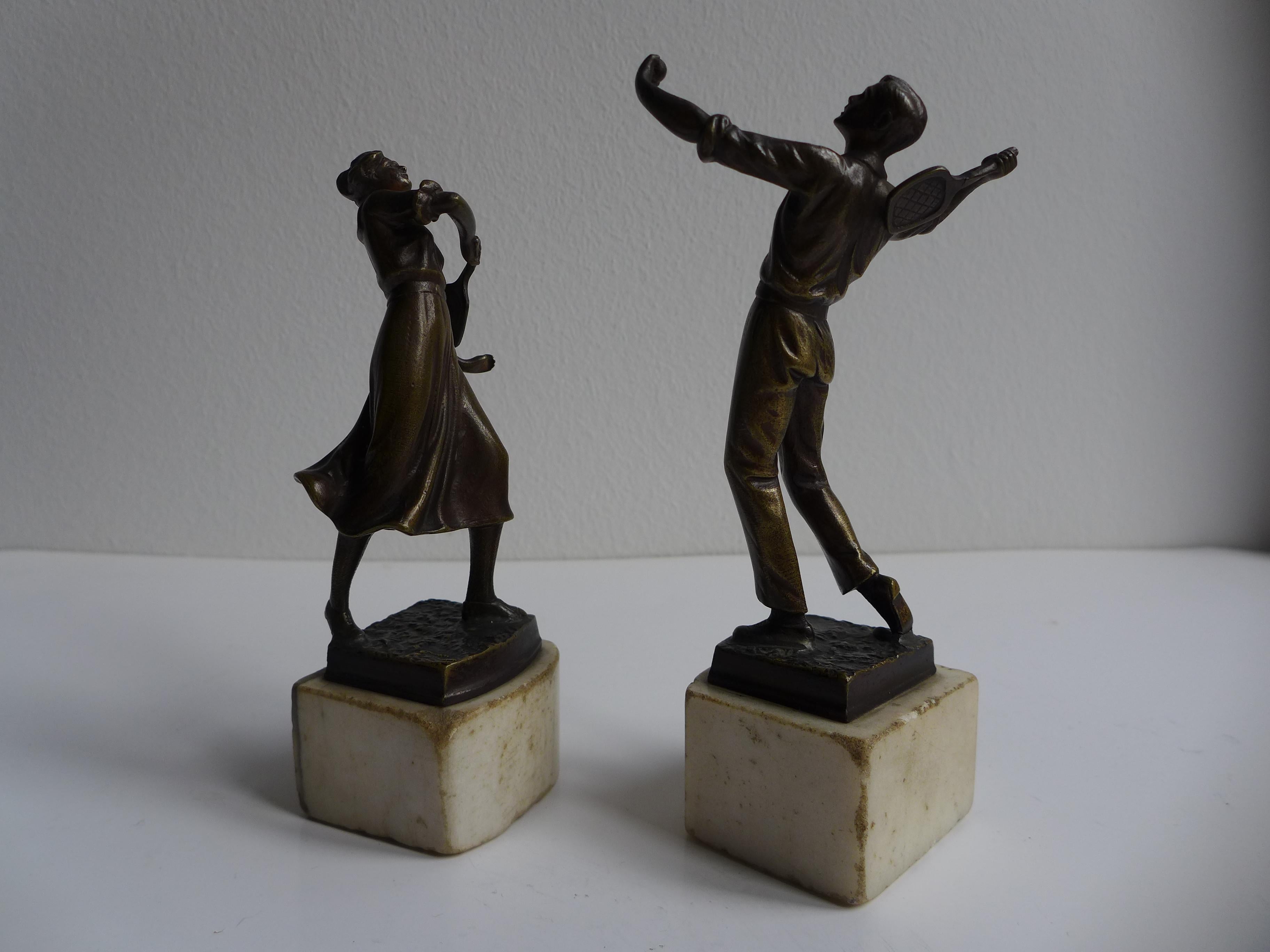 Cast Tennis Playing Couple in Bronze Sculpture Art Deco 1930 For Sale