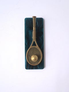 Tennis Racket Desk Paper Clip Marble Malachite Resin Brass, Circa 1970s